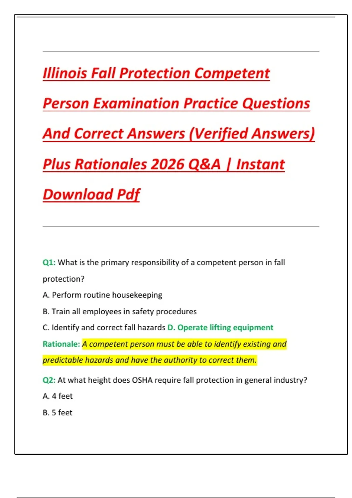 Illinois Fall Protection Competent Person Examination Practice ...
