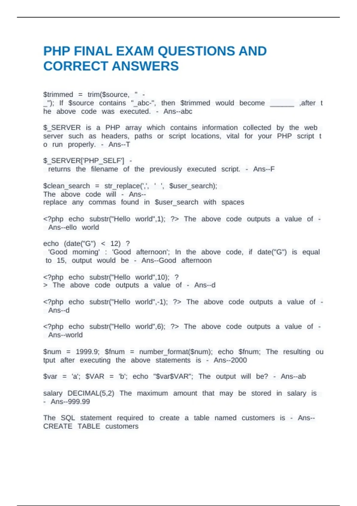 PHP FINAL EXAM QUESTIONS AND CORRECT ANSWERS - PHP 407 - Stuvia US