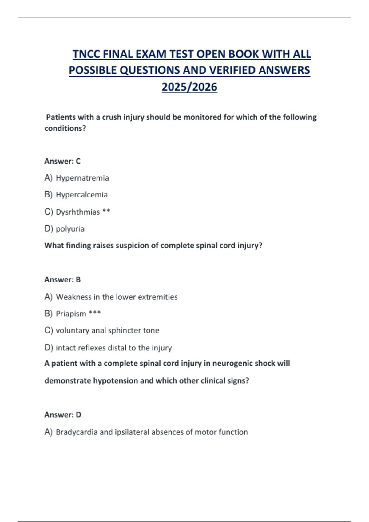 TNCC FINAL EXAM TEST OPEN BOOK WITH ALL POSSIBLE QUESTIONS AND VERIFIED ...