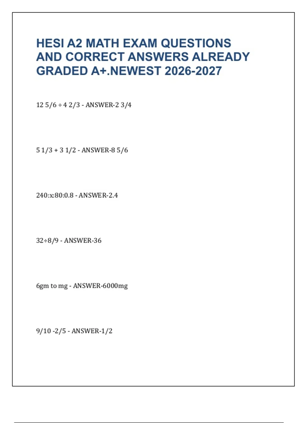 A2 Review Math Problems HESI A2 Math Practice Questions and Answers – Complete Study Guide ...