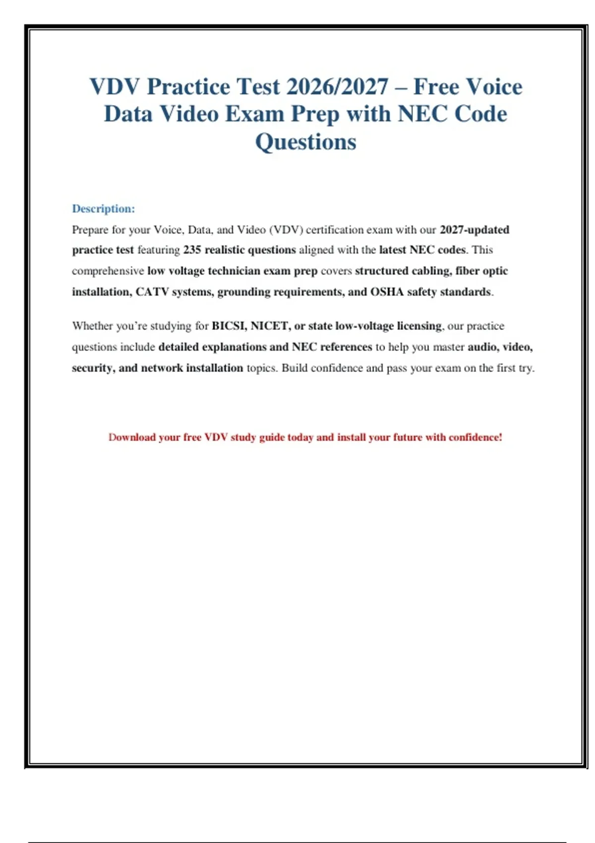 VDV Certification Practice Test 2027: NEC Code Questions & Answers ...