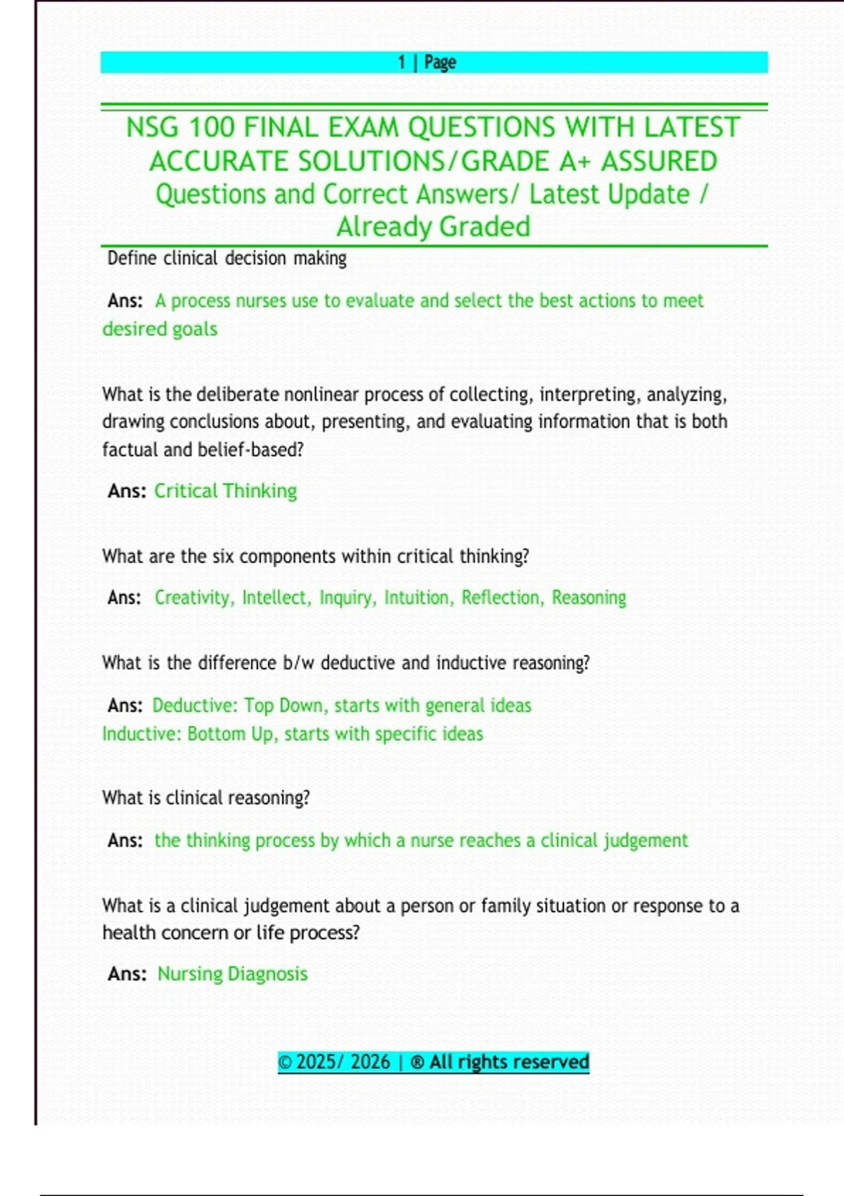 NSG 100 – Final Exam Practice Set with Verified Questions and Correct ...