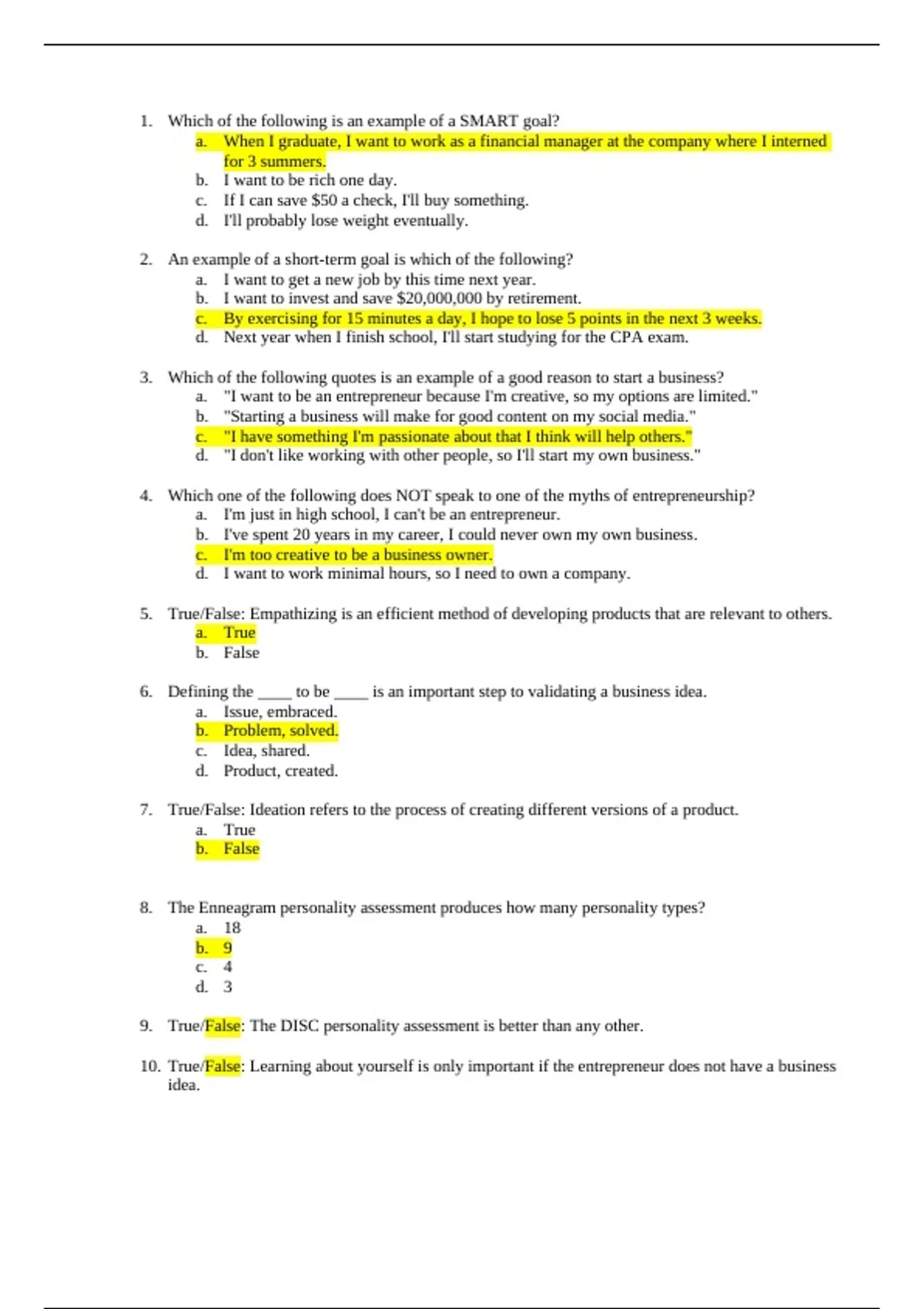 practice test bank questions, final exam : Entrepreneurship How to ...