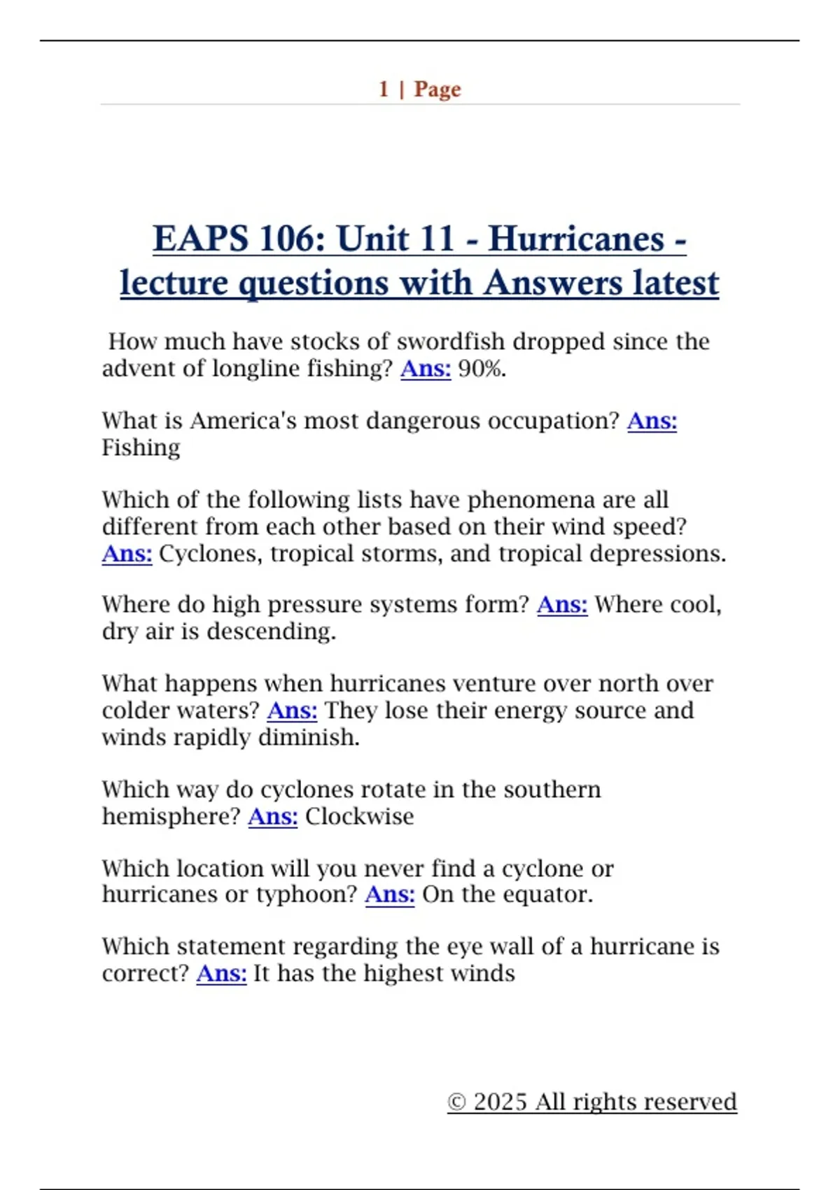 EAPS 106: Unit 11 - Hurricanes - lecture questions with Answers latest ...