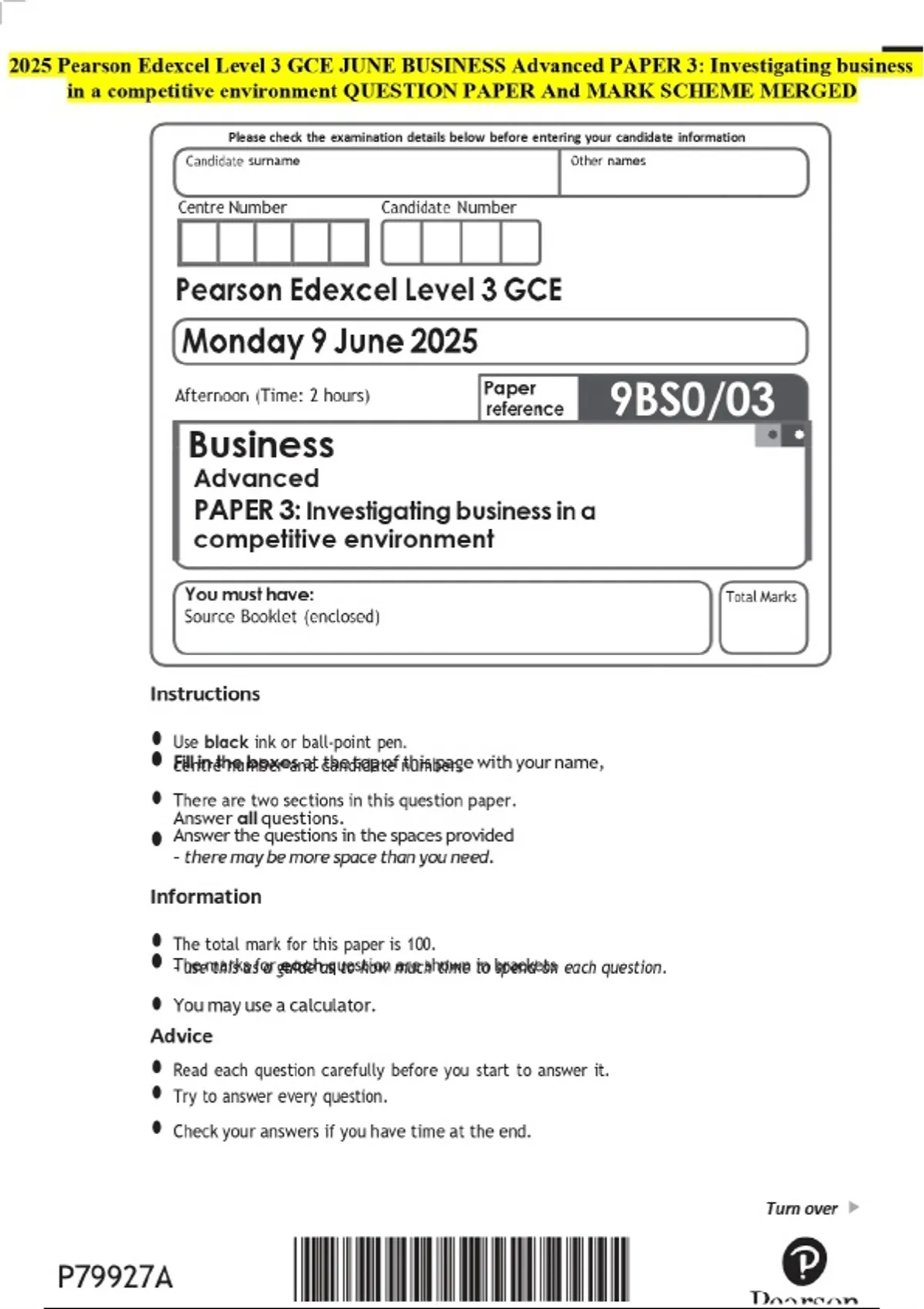 2025 Pearson Edexcel Level 3 GCE JUNE BUSINESS Advanced PAPER 3 ...