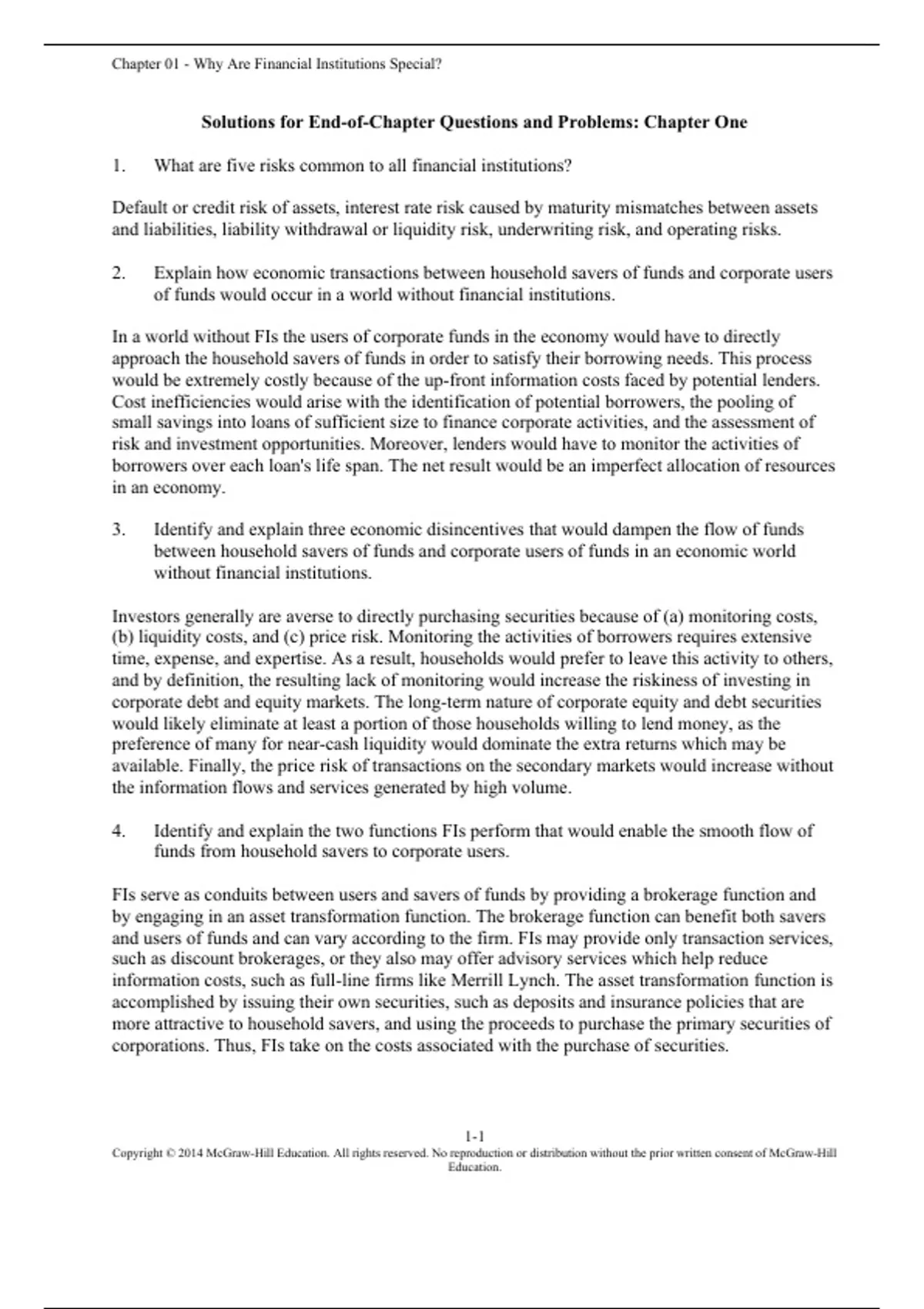 Summary solutions manual, textbook answers: Financial Institutions ...