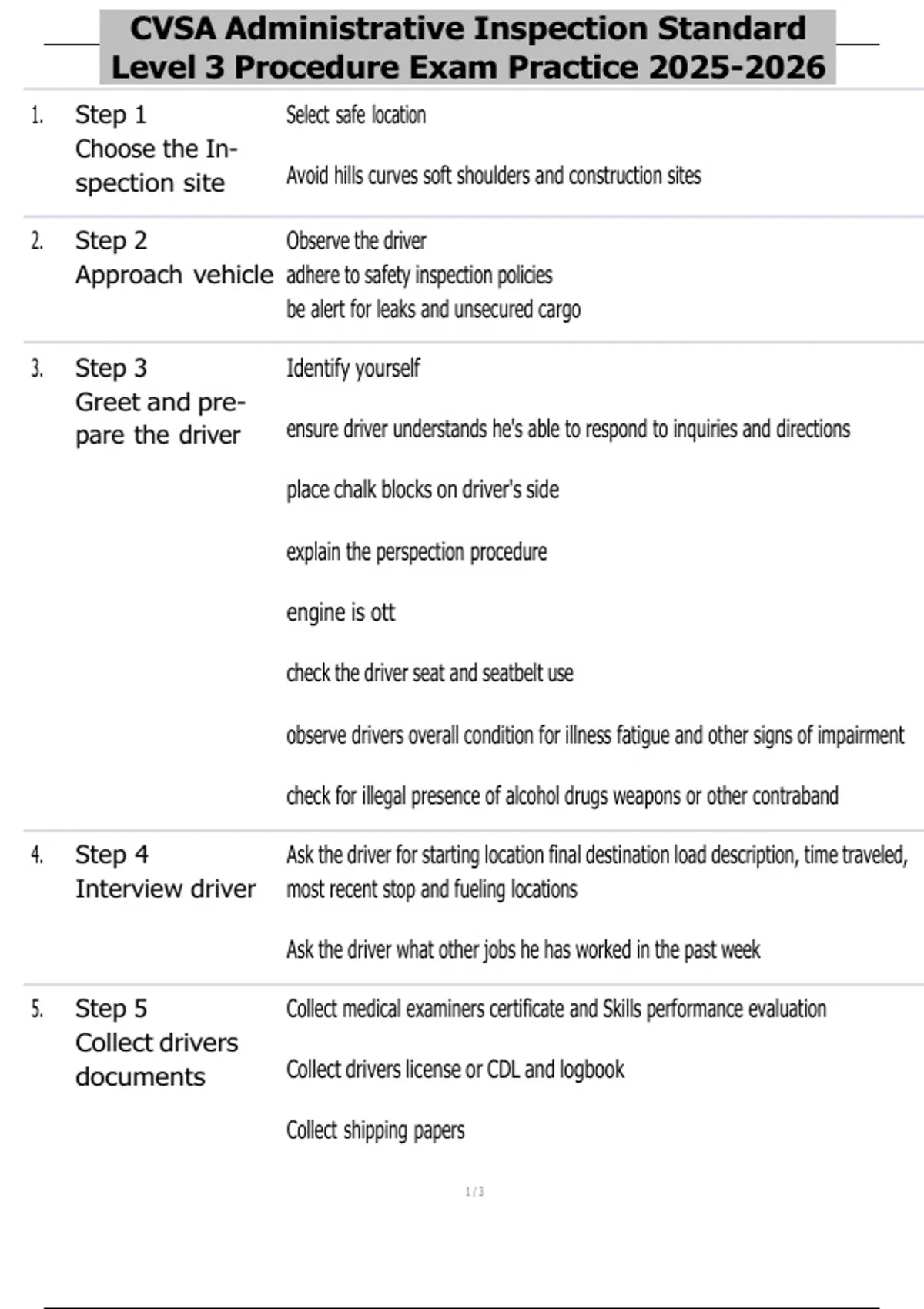 CVSA Administrative Inspection Standard Level 3 Procedure Exam Practice ...