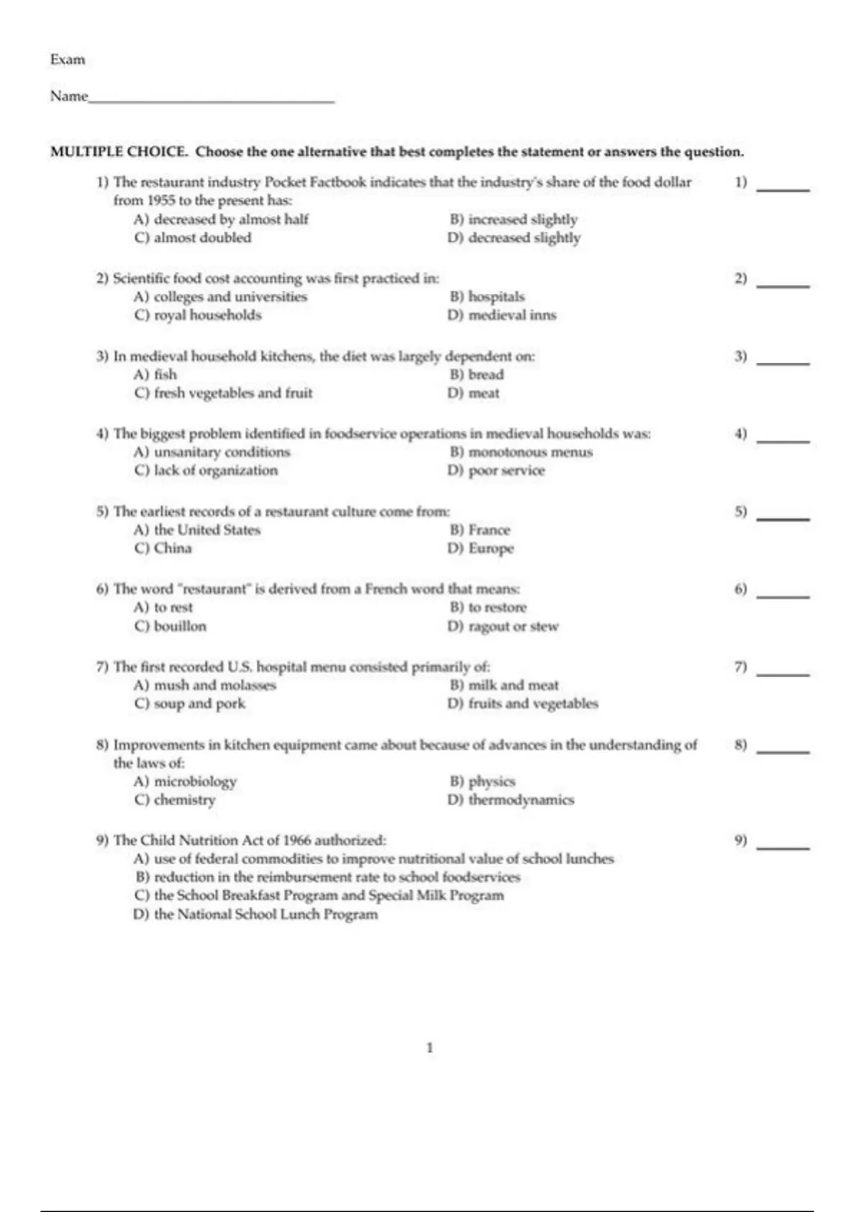 practice test bank questions, final exam : Foodservice Management ...