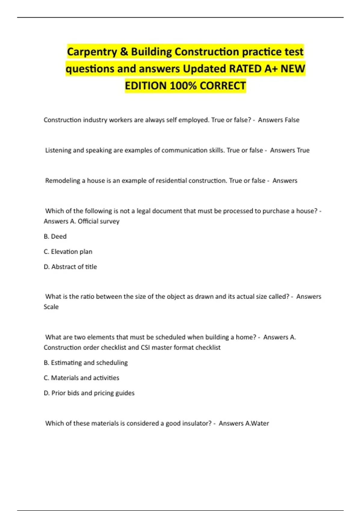 Carpentry & Building Construction practice test questions and answers ...