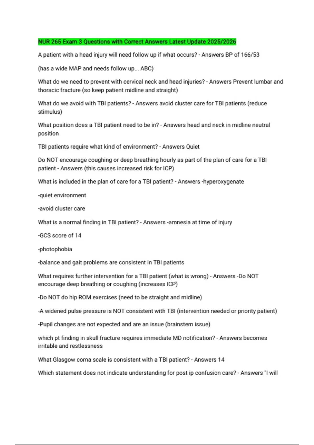 NUR 265 Exam 3 Questions with Correct Answers Latest Update 2025/2026 ...