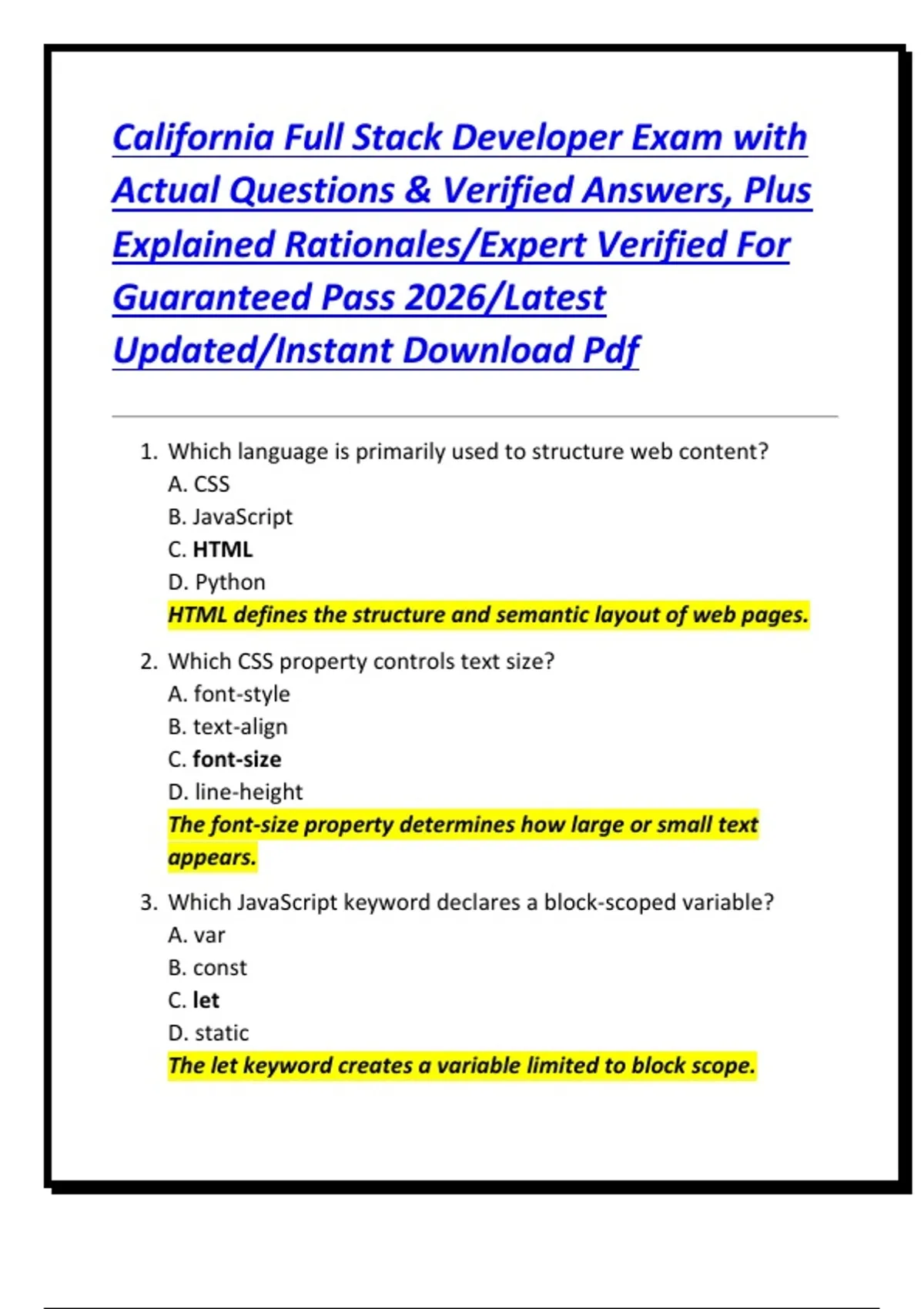 California Full Stack Developer Exam with Actual Questions & Verified ...