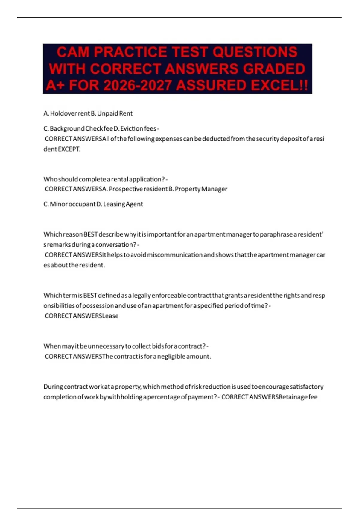 CAM PRACTICE TEST QUESTIONS WITH CORRECT ANSWERS GRADED A+ FOR ASSURED - ILLINOIS COMMUNITY ...