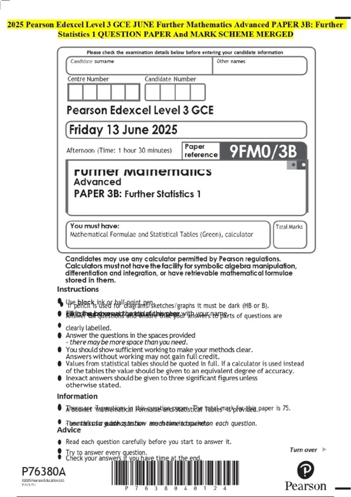 2025 Pearson Edexcel Level 3 GCE JUNE Further Mathematics Advanced ...