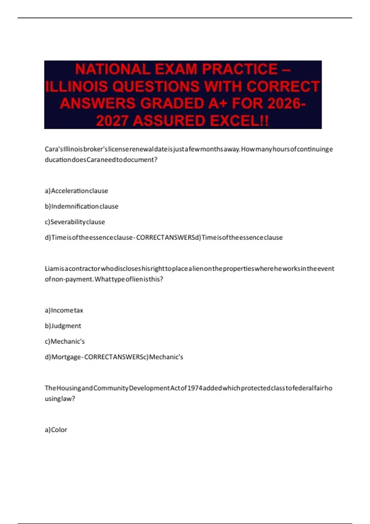 NATIONAL EXAM PRACTICE – ILLINOIS QUESTIONS WITH CORRECT ANSWERS GRADED ...