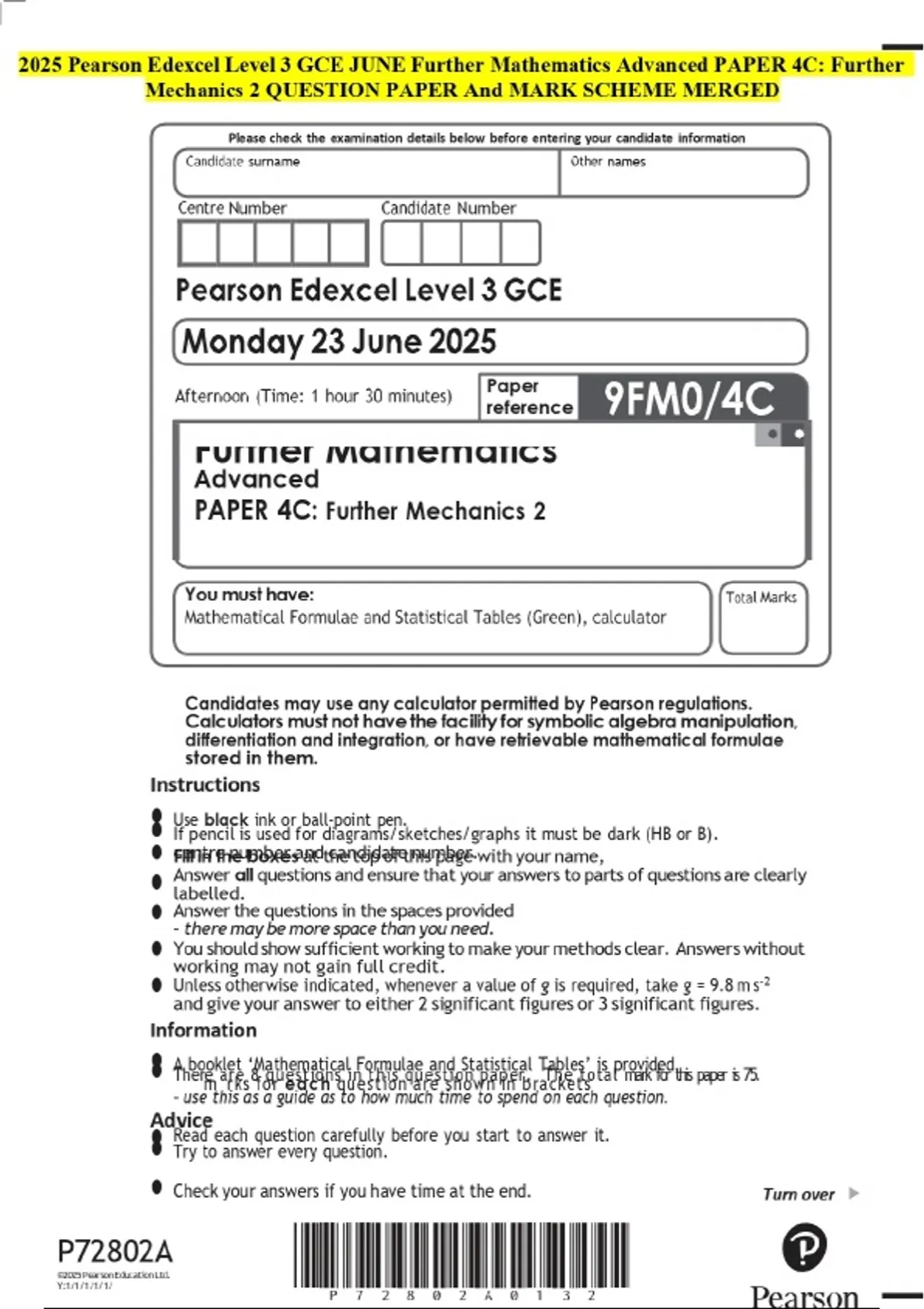 2025 Pearson Edexcel Level 3 GCE JUNE Further Mathematics Advanced ...