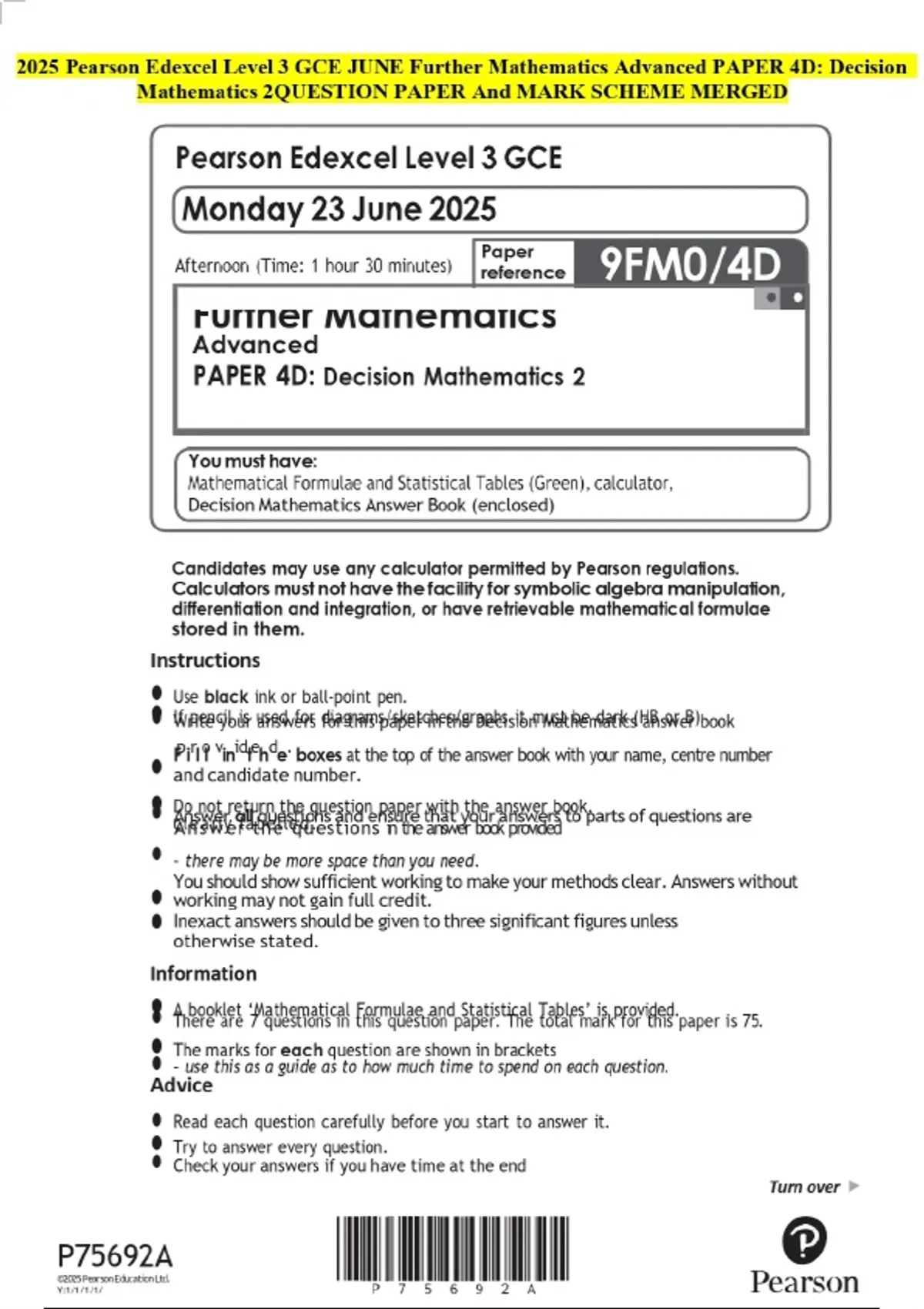 2025 Pearson Edexcel Level 3 GCE JUNE Further Mathematics Advanced ...