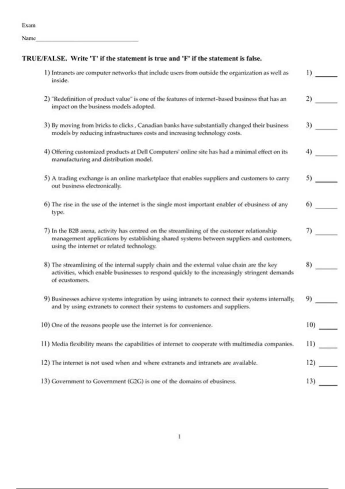 practice test bank questions, final exam : eBusiness A Canadian ...