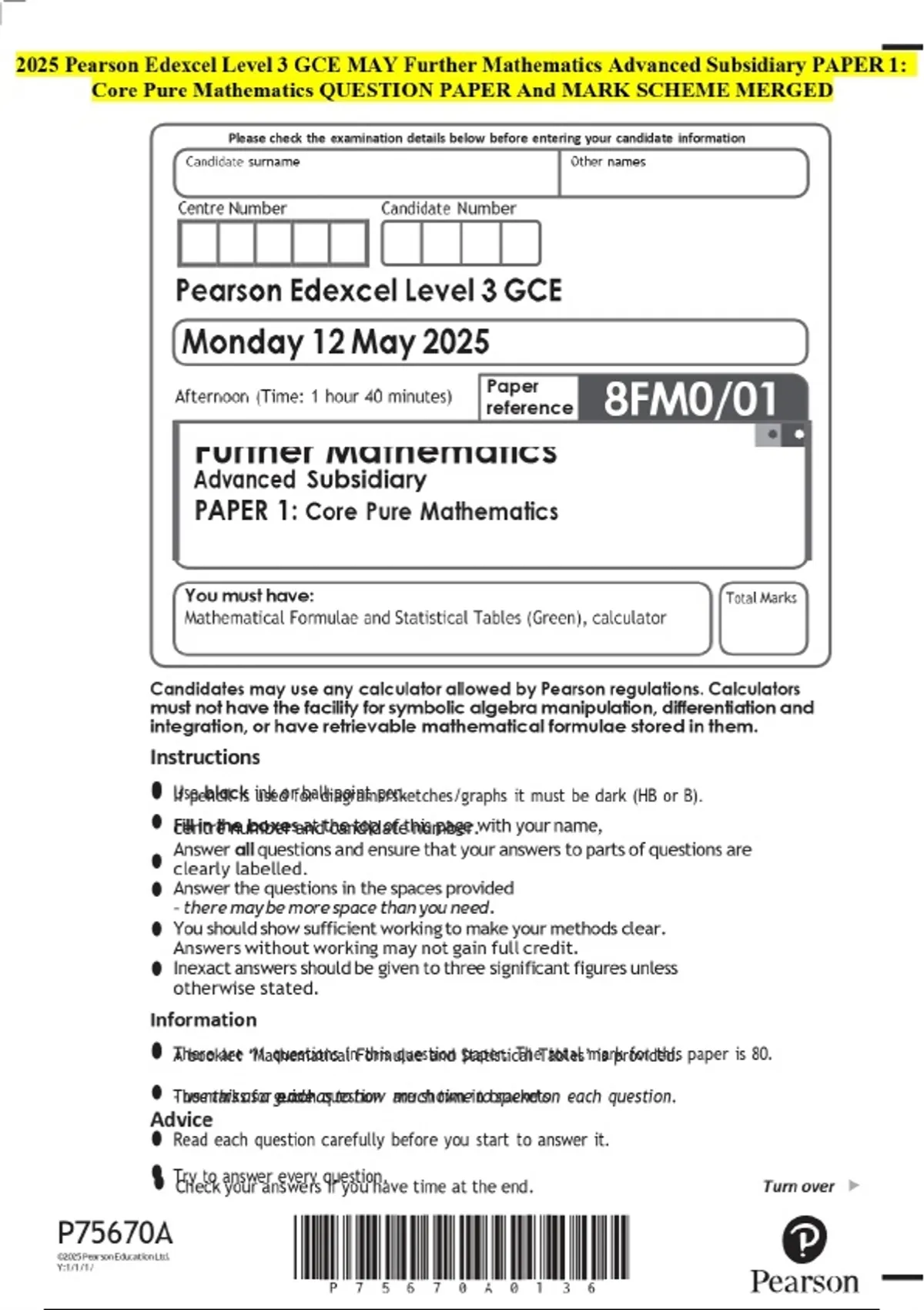2025 Pearson Edexcel Level 3 GCE MAY Further Mathematics Advanced ...