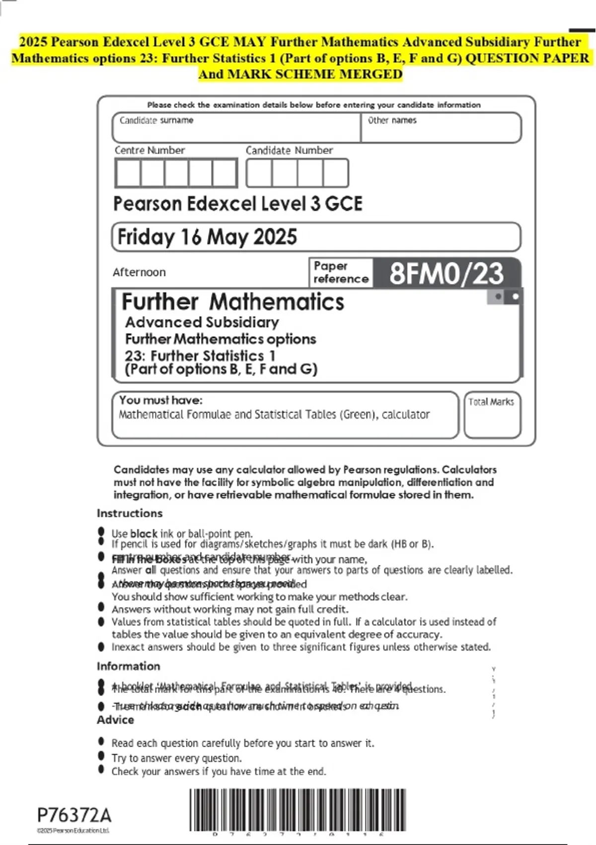2025 Pearson Edexcel Level 3 GCE MAY Further Mathematics Advanced ...