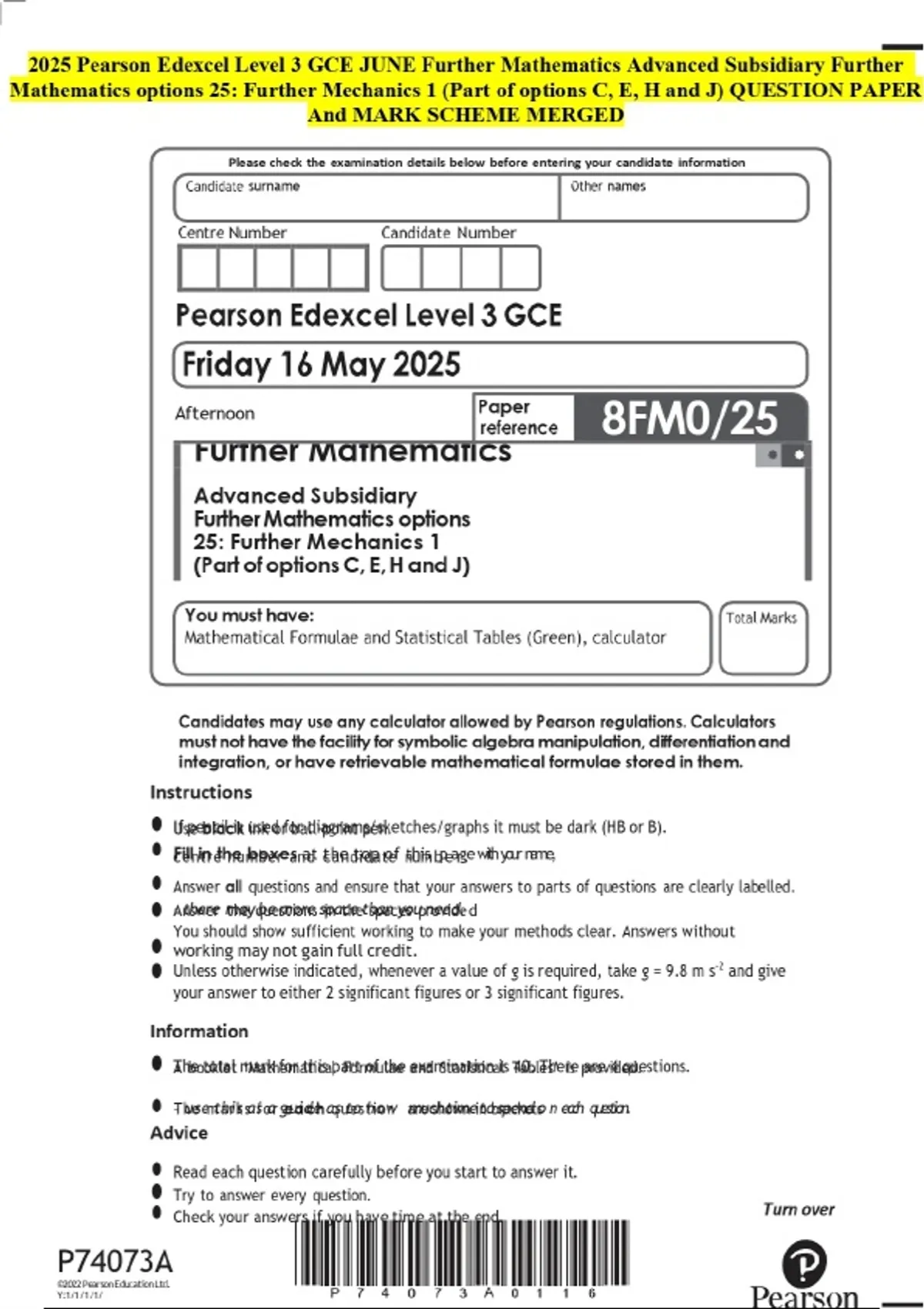2025 Pearson Edexcel Level 3 GCE JUNE Further Mathematics Advanced ...