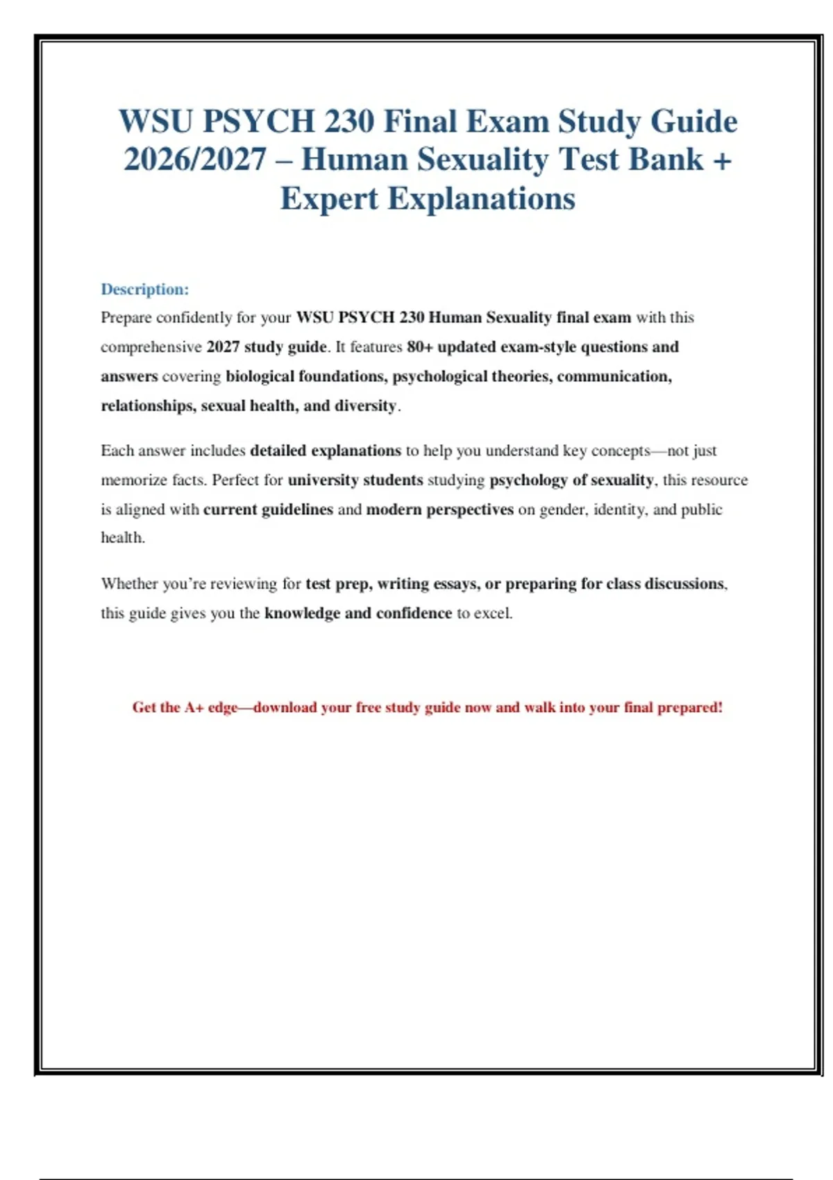 WSU PSYCH 230 Final Exam Guide 2027 | Human Sexuality Questions ...