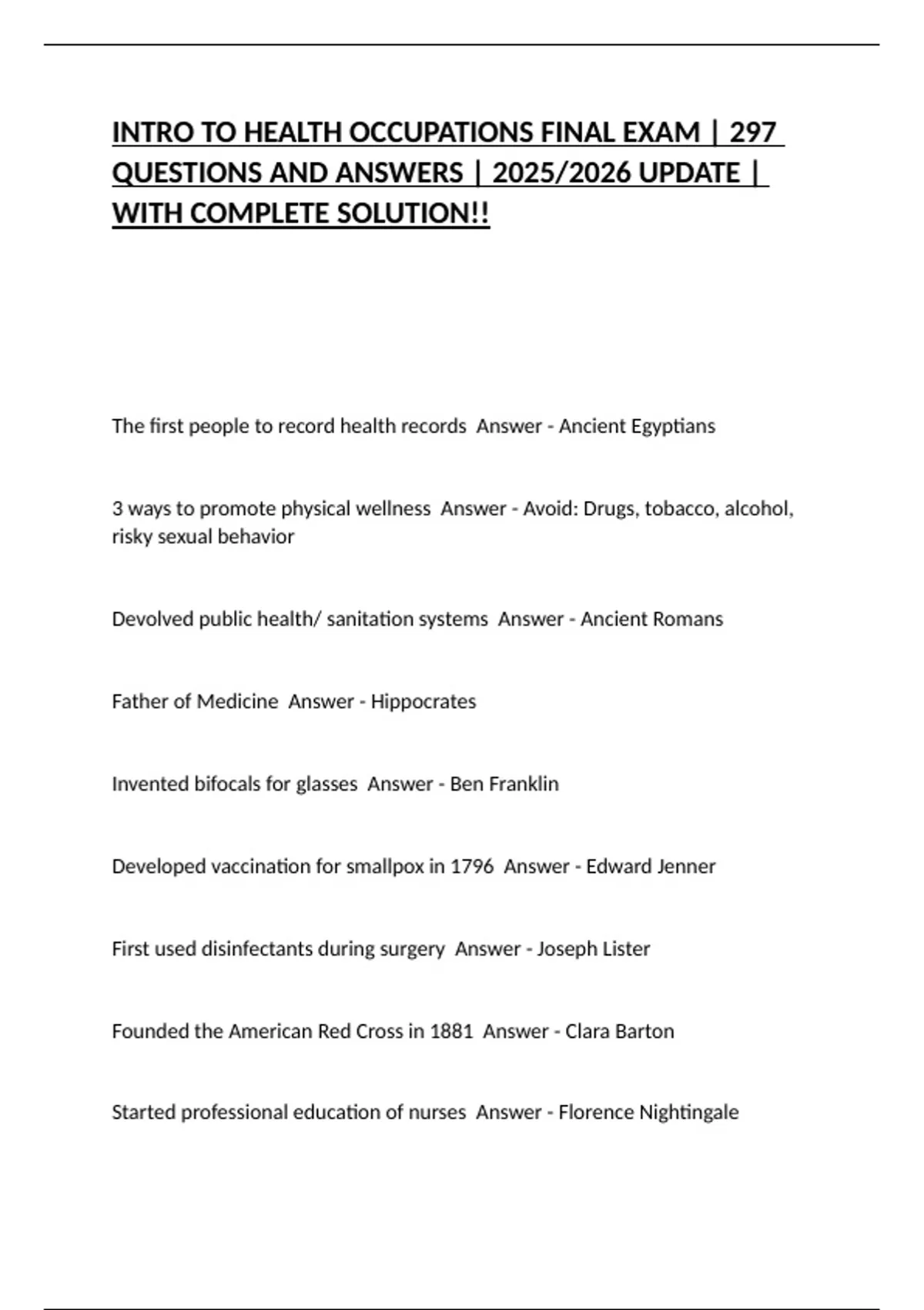 INTRO TO HEALTH OCCUPATIONS FINAL EXAM | 297 QUESTIONS AND ANSWERS ...