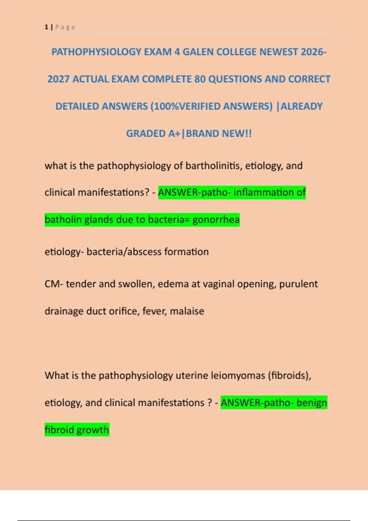 PATHOPHYSIOLOGY EXAM 4 GALEN COLLEGE NEWEST ACTUAL EXAM COMPLETE 80 ...