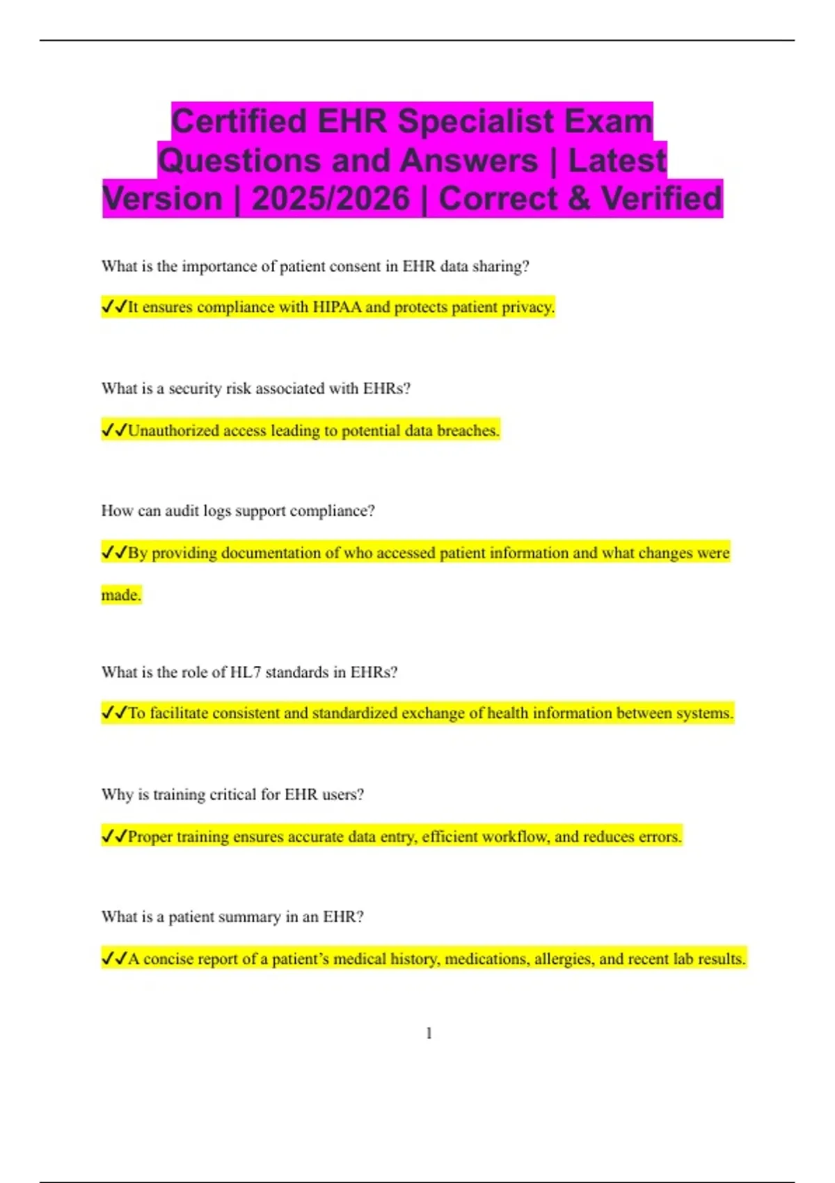Certified EHR Specialist Exam Questions and Answers | Latest Version ...