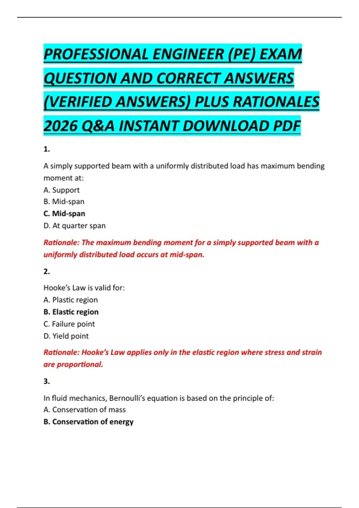 PROFESSIONAL ENGINEER (PE) EXAM QUESTION AND CORRECT ANSWERS (VERIFIED ...