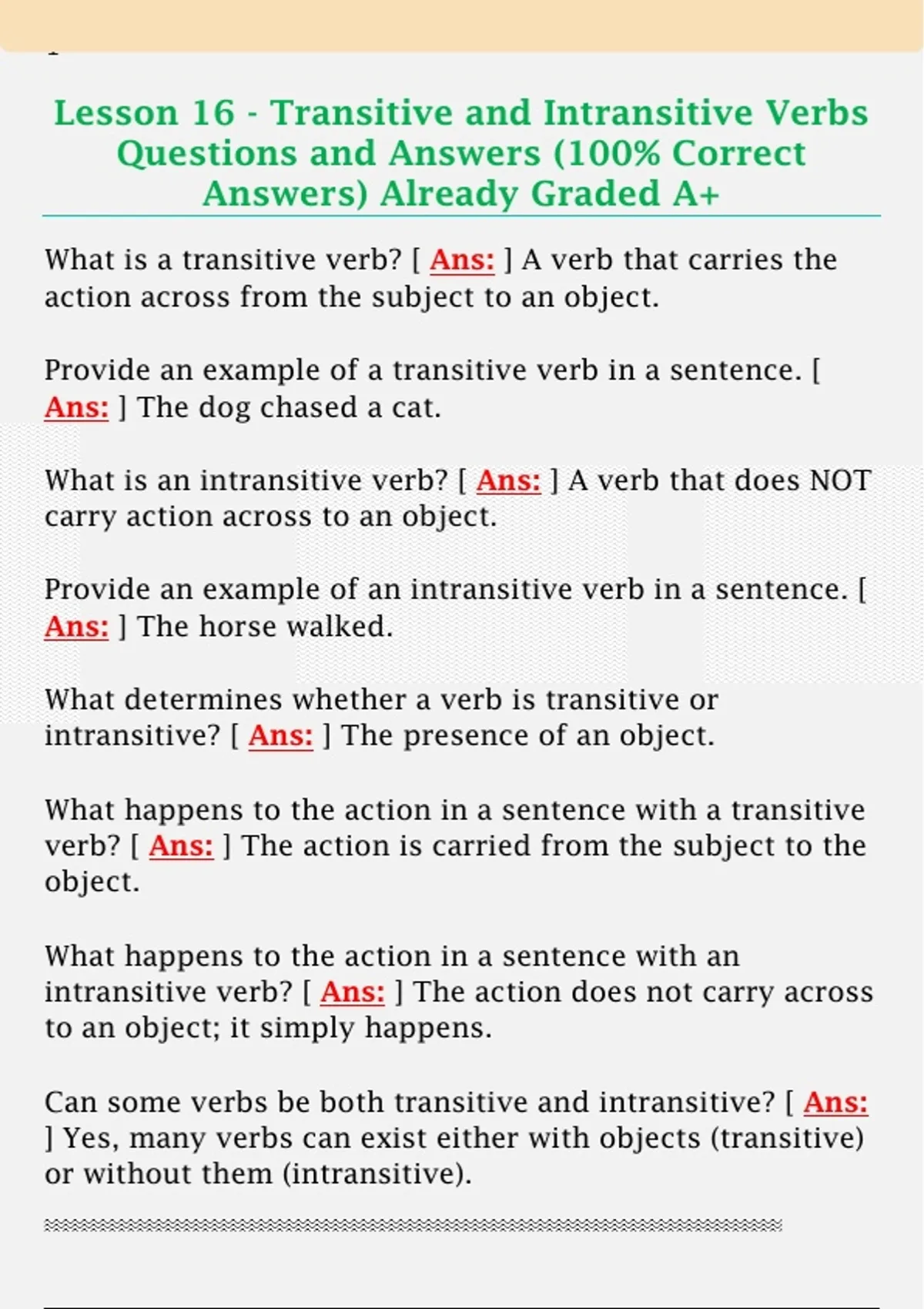 Lesson 16 - Transitive and Intransitive Verbs Questions and Answers ...