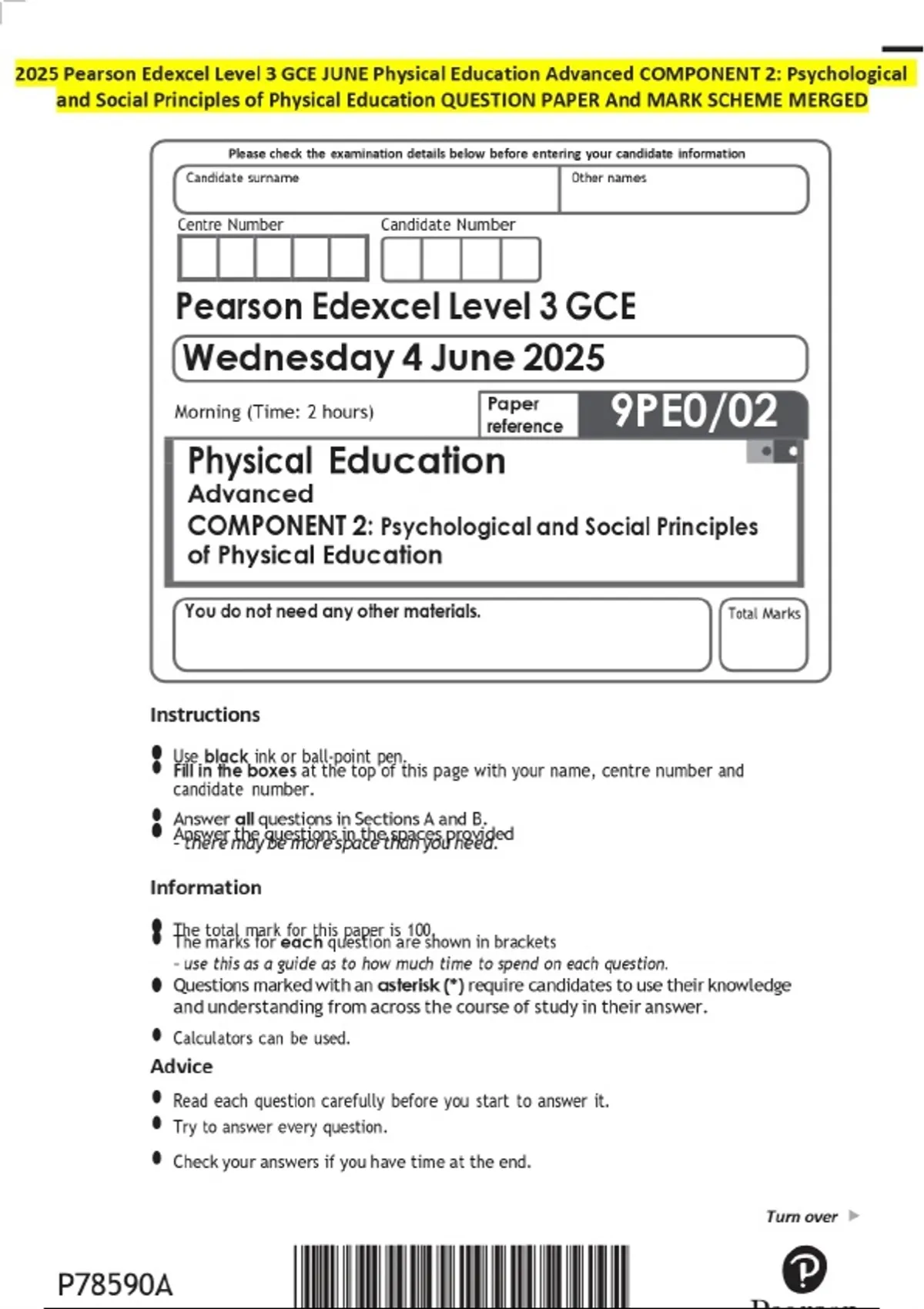 2025 Pearson Edexcel Level 3 GCE JUNE Physical Education Advanced ...