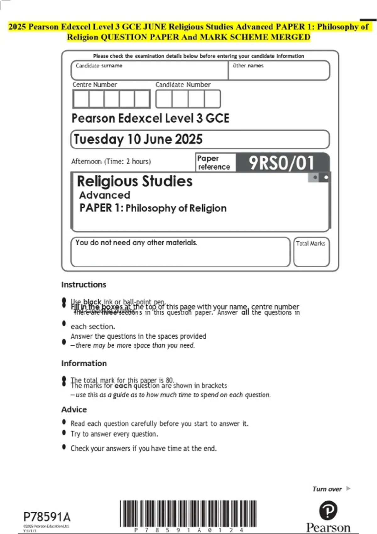 Advanced Religious Comp Time 2025 Pearson Edexcel Level 3 GCE JUNE Religious Studies Advanced PAPER ...