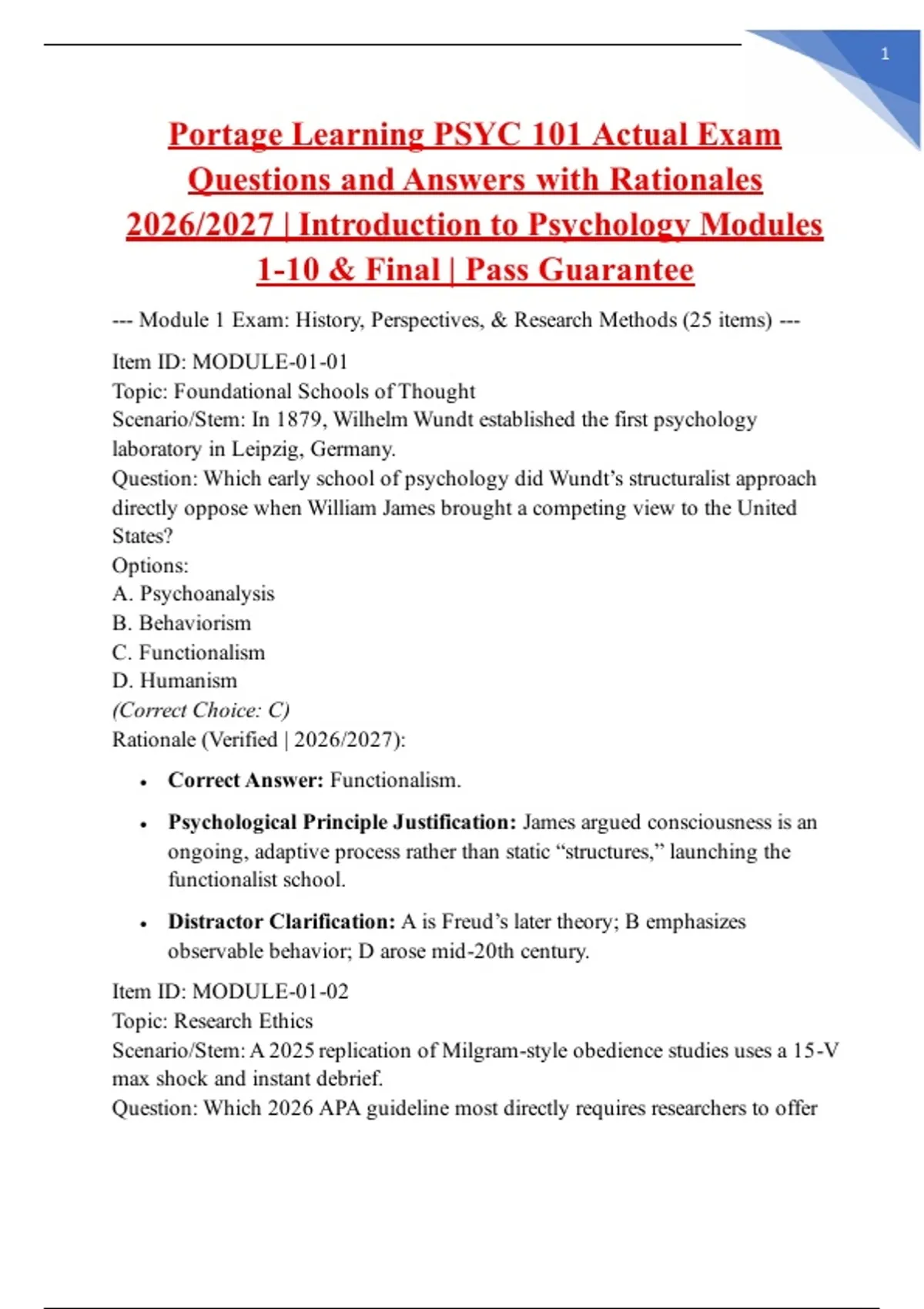 Portage Learning PSYC 101 Actual Exam Questions and Answers with ...