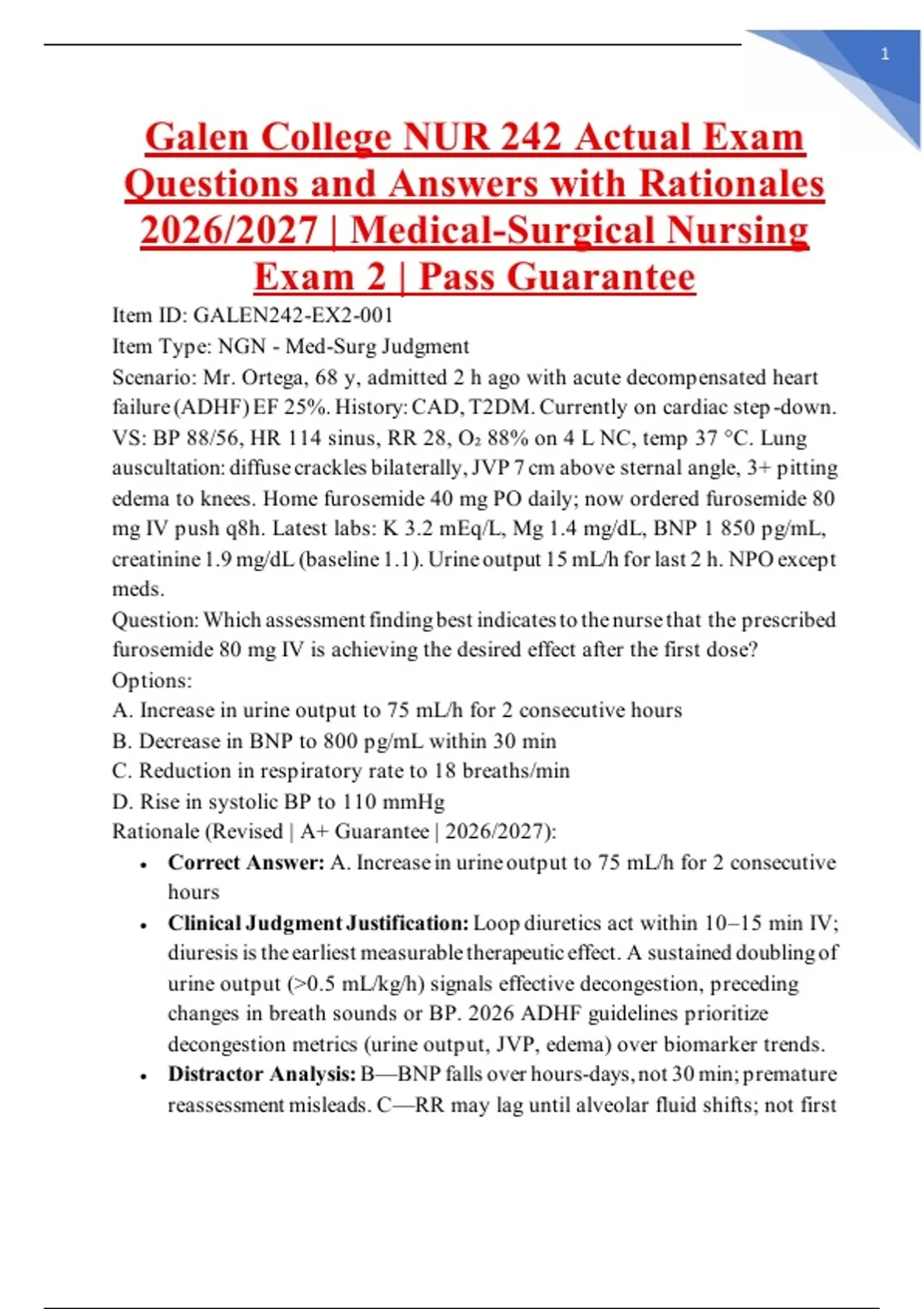 Galen College NUR 242 Actual Exam Questions and Answers with Rationales ...