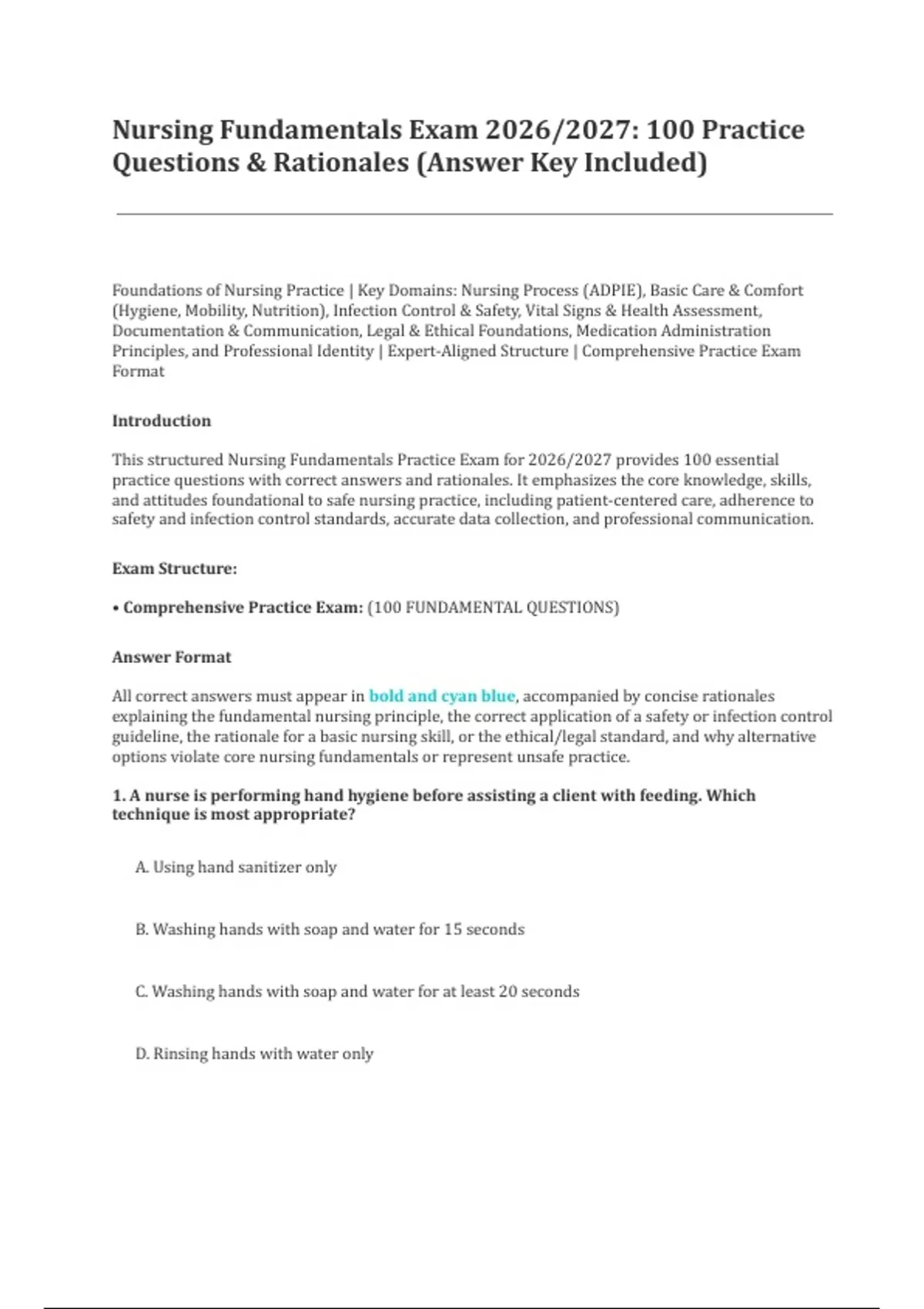 Nursing Fundamentals Exam 2026/2027 | 100 Practice Questions with ...