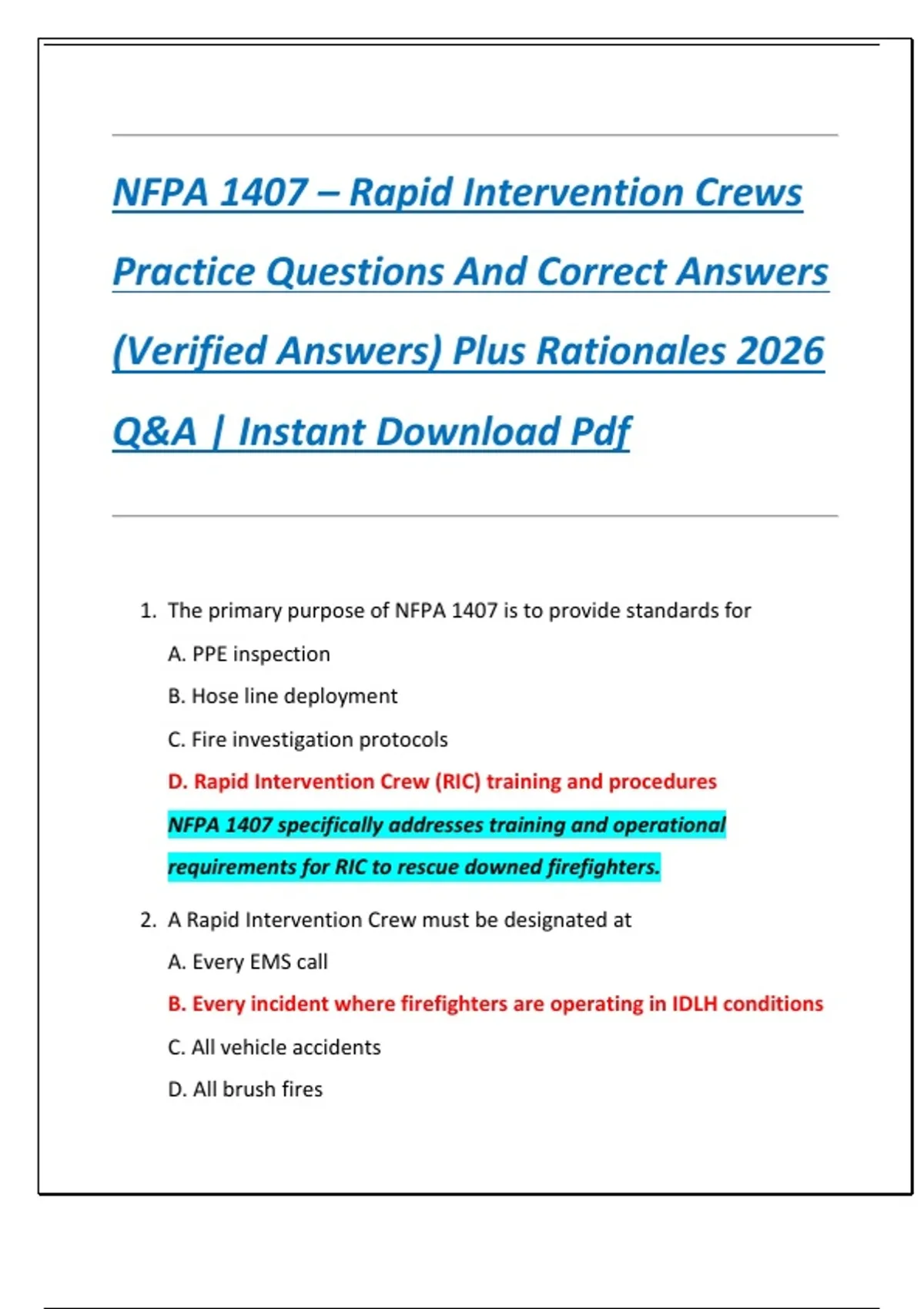 NFPA 1407 – Rapid Intervention Crews Practice Questions And Correct ...