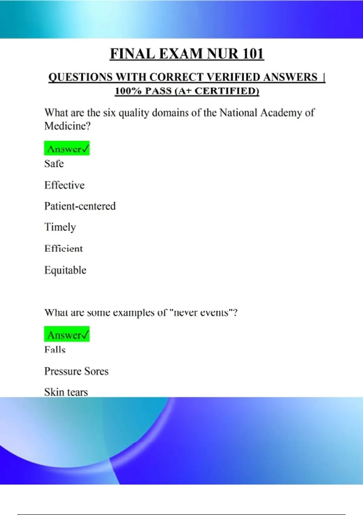 FINAL EXAM NUR 101 QUESTIONS WITH CORRECT VERIFIED ANSWERS | 100% PASS ...