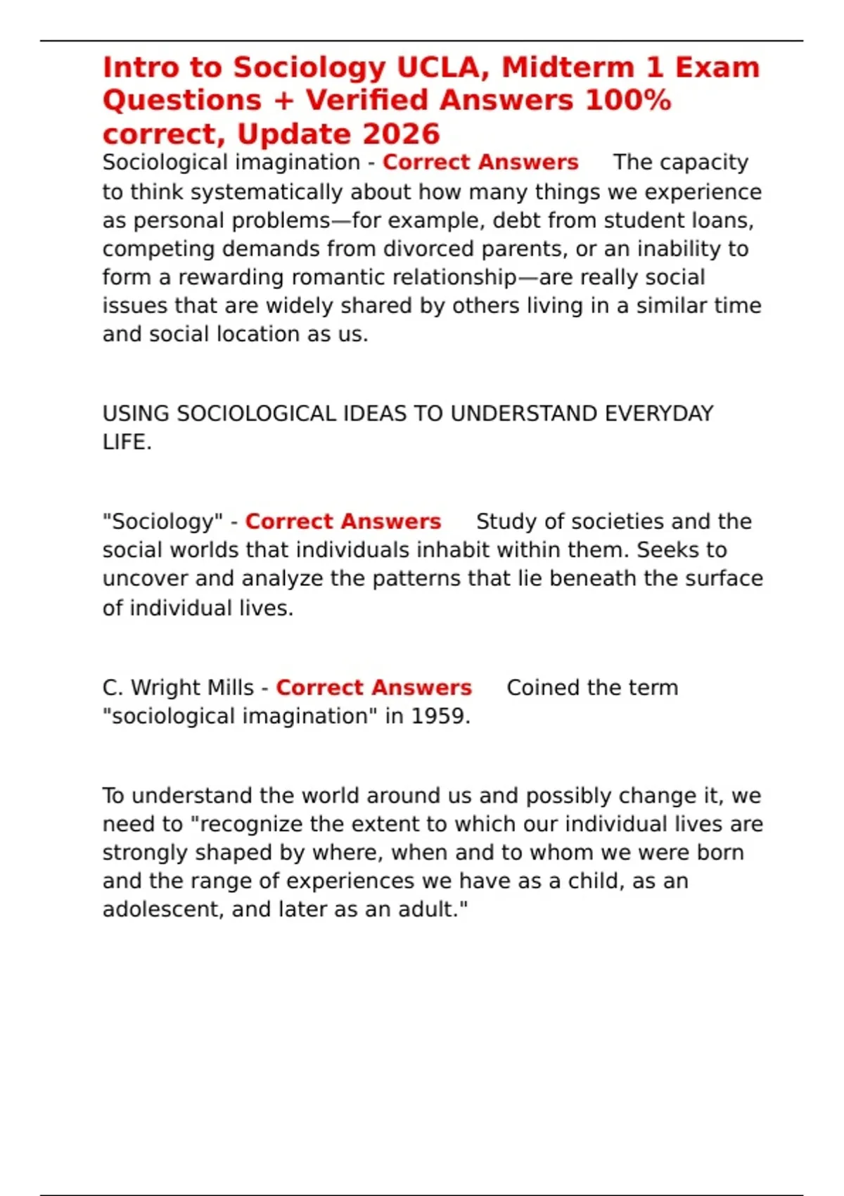 Intro to Sociology UCLA, Midterm 1 Exam Questions + Verified Answers ...