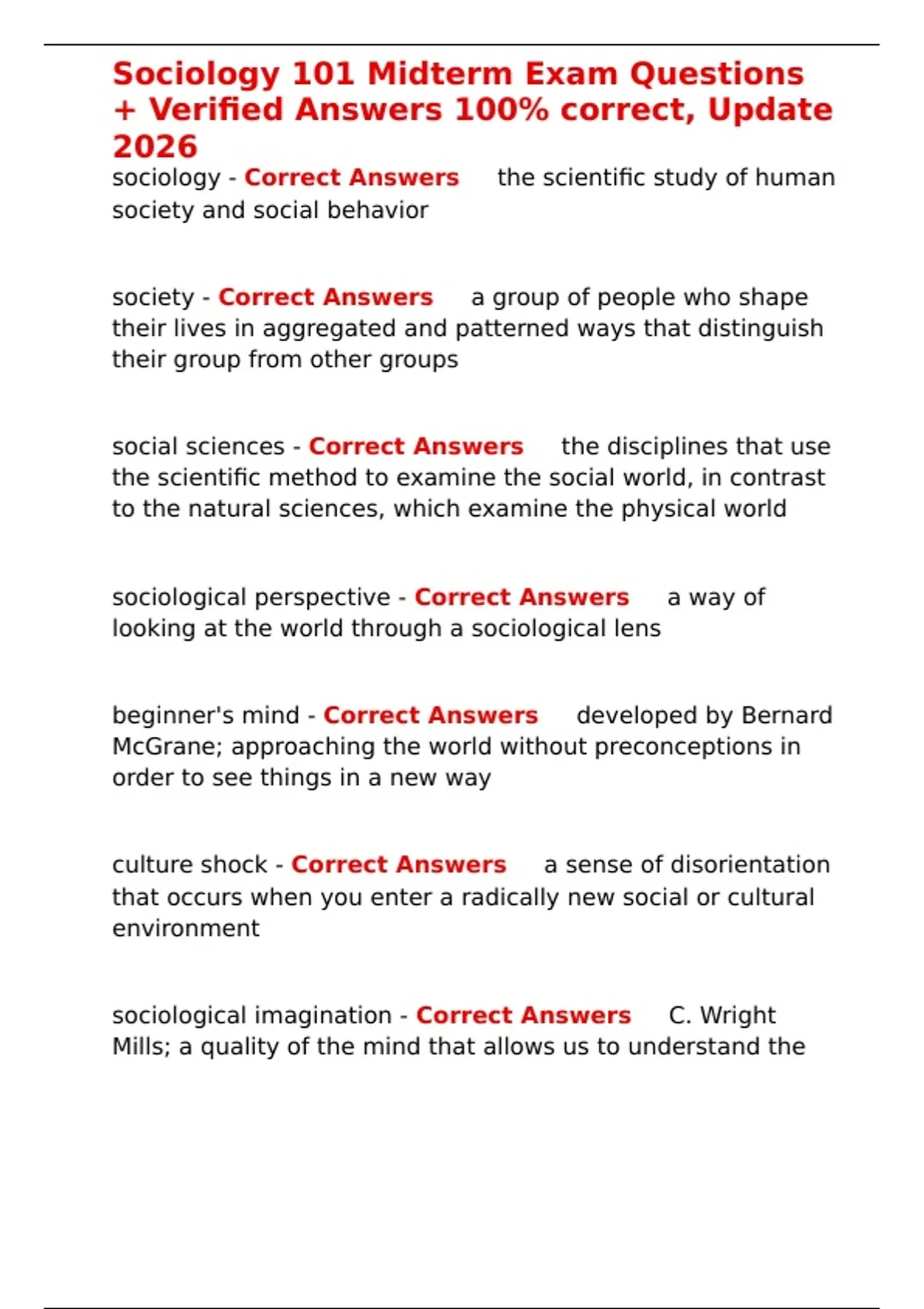 Summary Sociology 101 Midterm Exam Questions + Verified Answers 100 ...