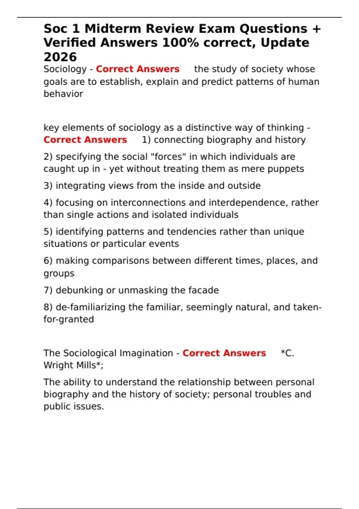 Soc 1 Midterm Review Exam Questions + Verified Answers 100- correct ...