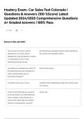 Mastery Exam- Car Sales Test Colorado &vert; Questions & Answers &lpar;100 &percnt;Score&rpar; Latest Updated 2024&sol;2025 Comprehensive Questions A&plus; Graded Answers &vert; 100&percnt; Pass