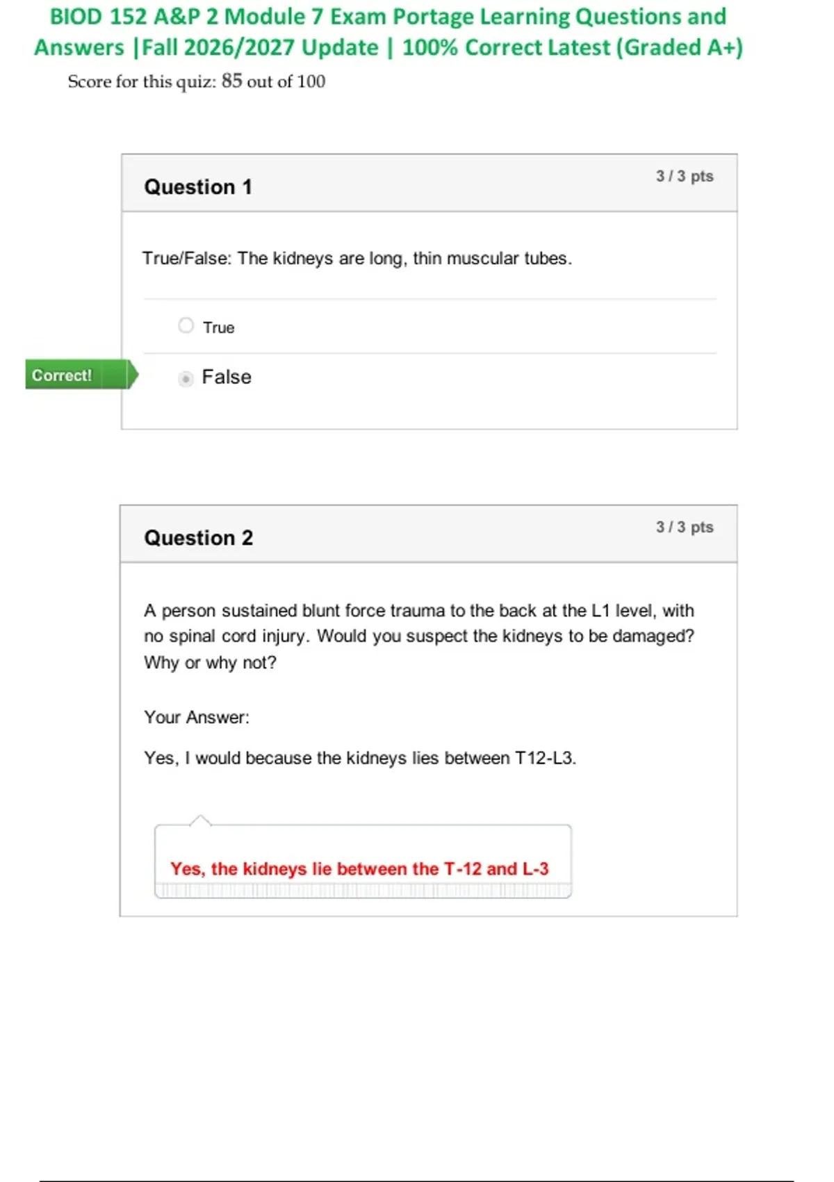 BIOD 152 A&P 2 Module 7 Exam Portage Learning Questions and Answers ...