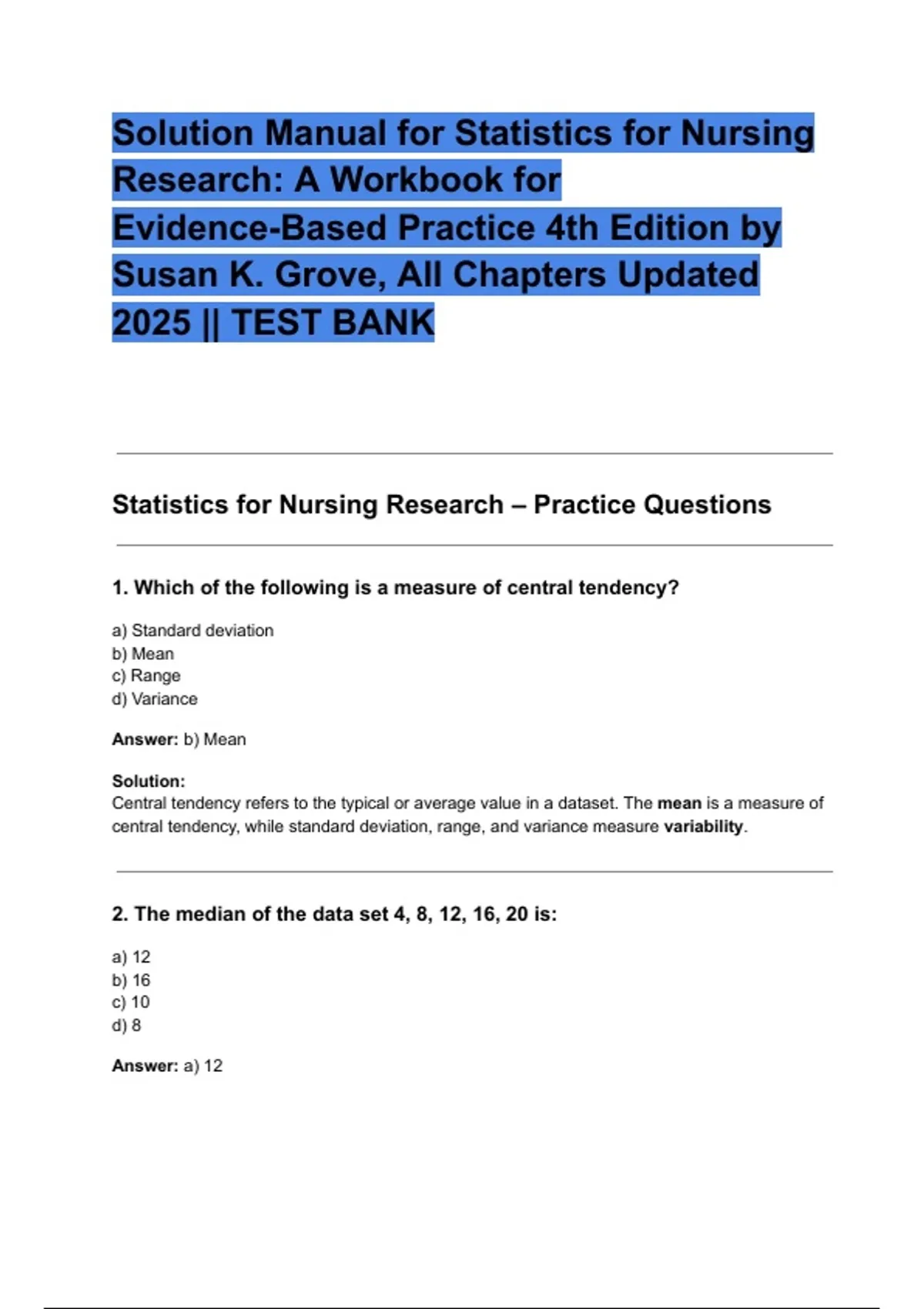 Solution Manual for Statistics for Nursing Research_ A Workbook for ...