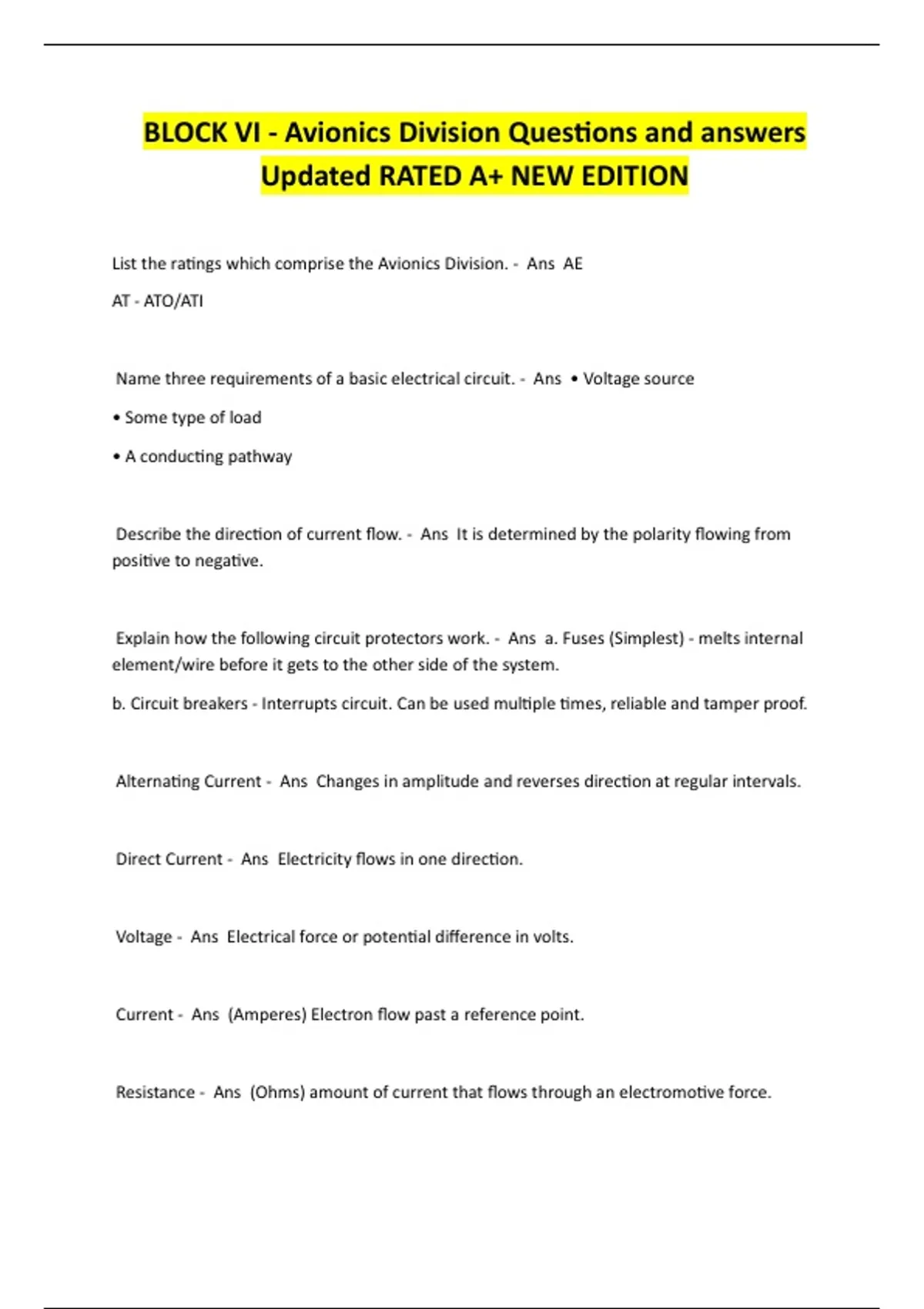 BLOCK VI - Avionics Division Questions and answers Updated RATED A+ NEW ...
