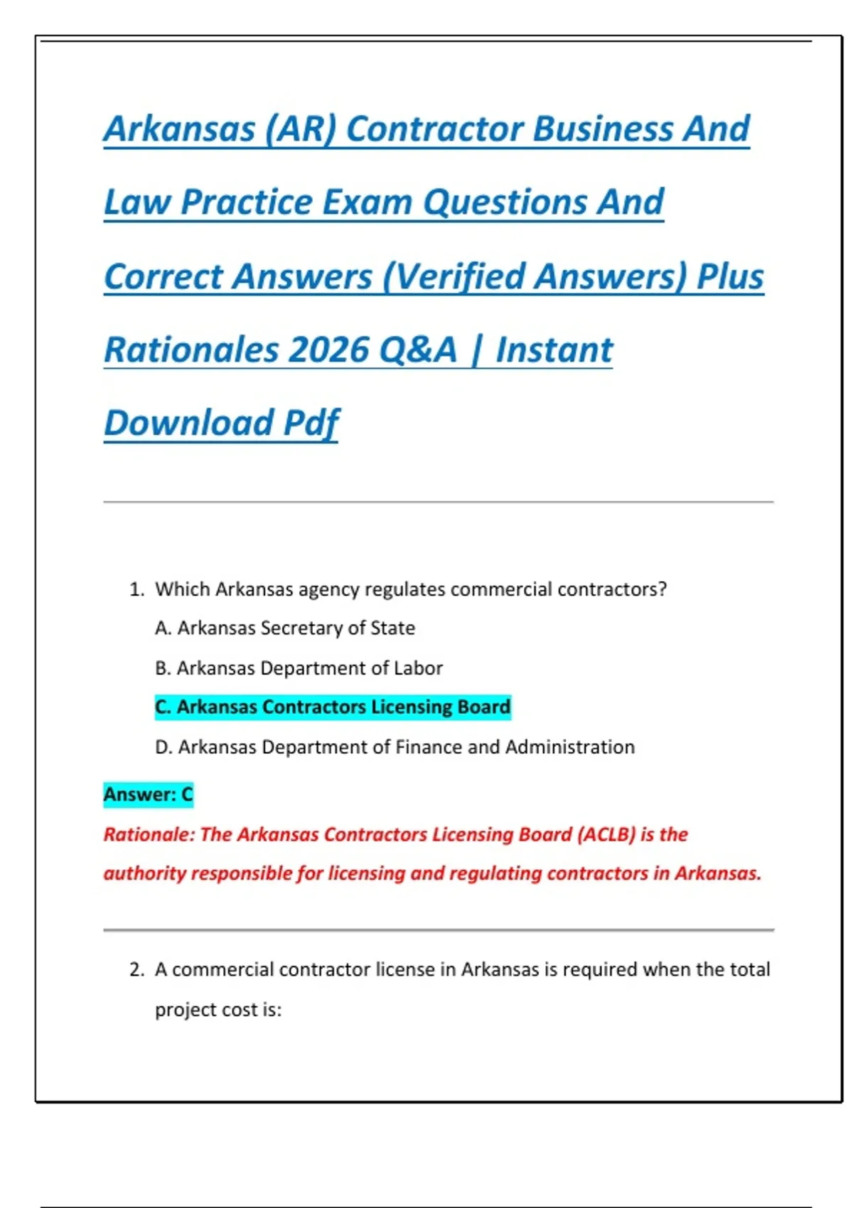 Arkansas (AR) Contractor Business And Law Practice Exam Questions And Correct Answers (Verified ...