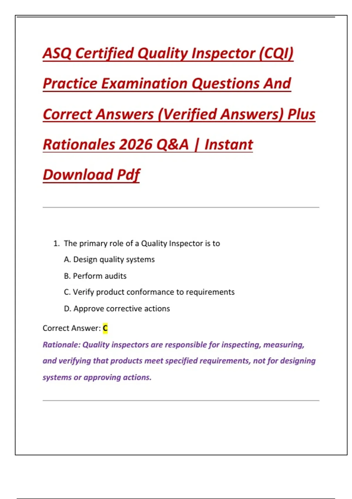 ASQ Certified Quality Inspector (CQI) Practice Examination Questions ...