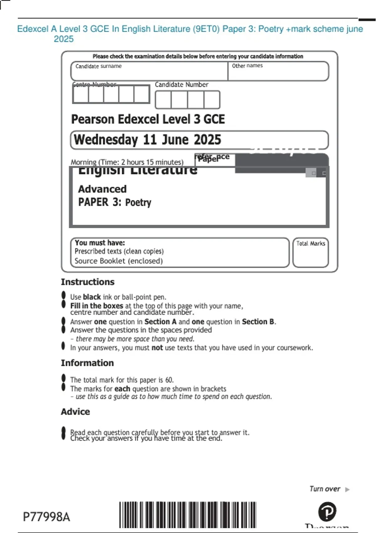 Edexcel A Level 3 GCE In English Literature (9ET0) Paper 3: Poetry ...