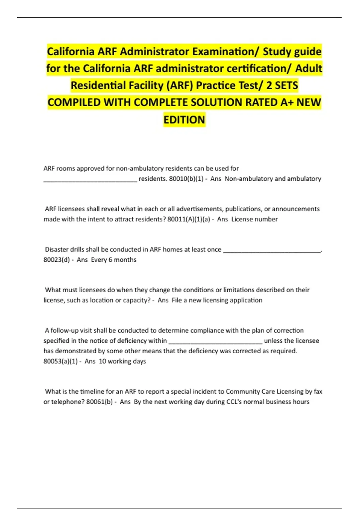 California ARF Administrator Examination/ Study guide for the ...