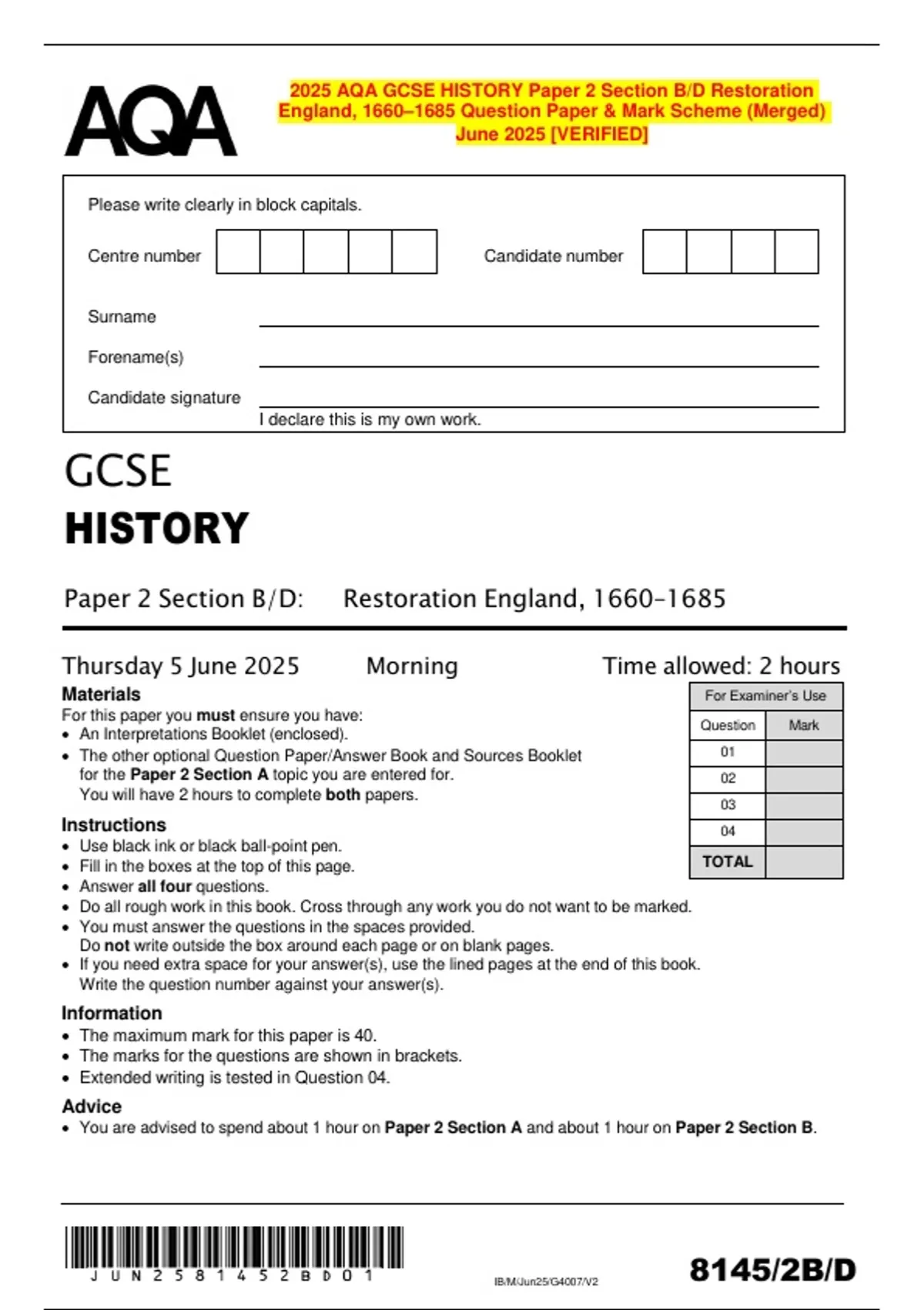2025 AQA GCSE HISTORY Paper 2 Section B/D Restoration England, 1660 ...