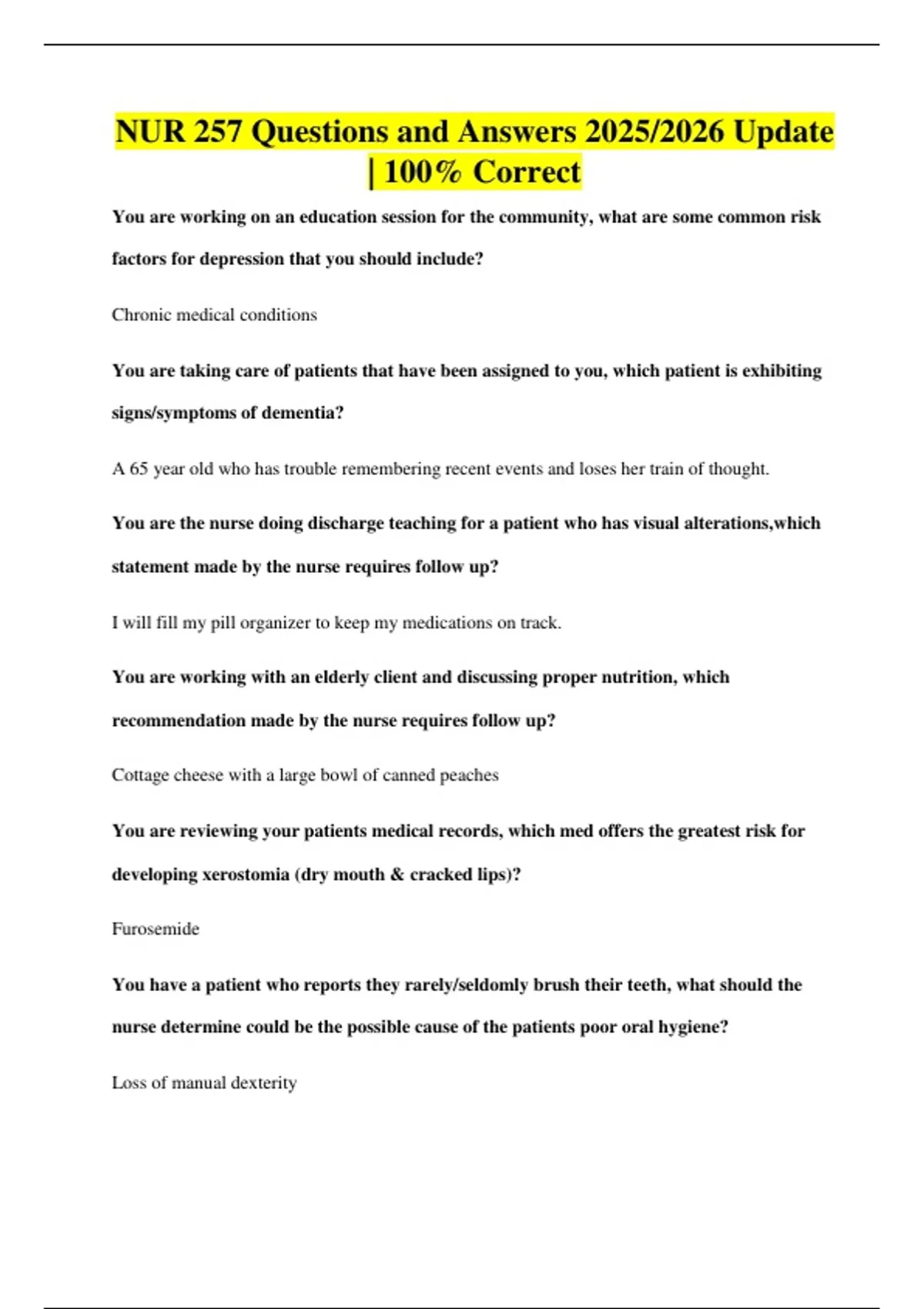 NUR 257 Questions and Answers 2025/2026 Update | 100% Correct - NUR 257 ...